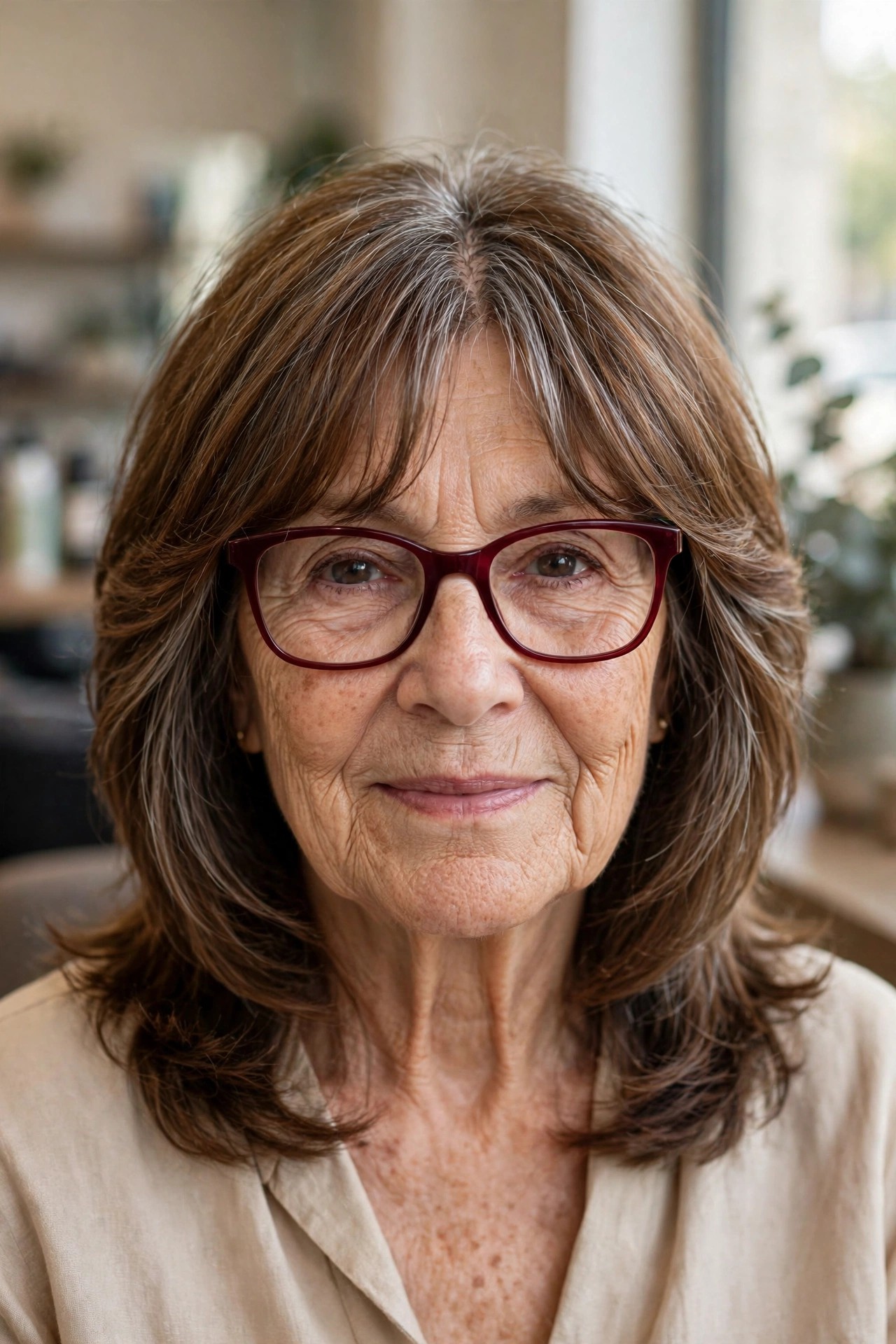 Medium Layers with Curtain Bangs - hairstyle for a woman over 60 wearing glasses