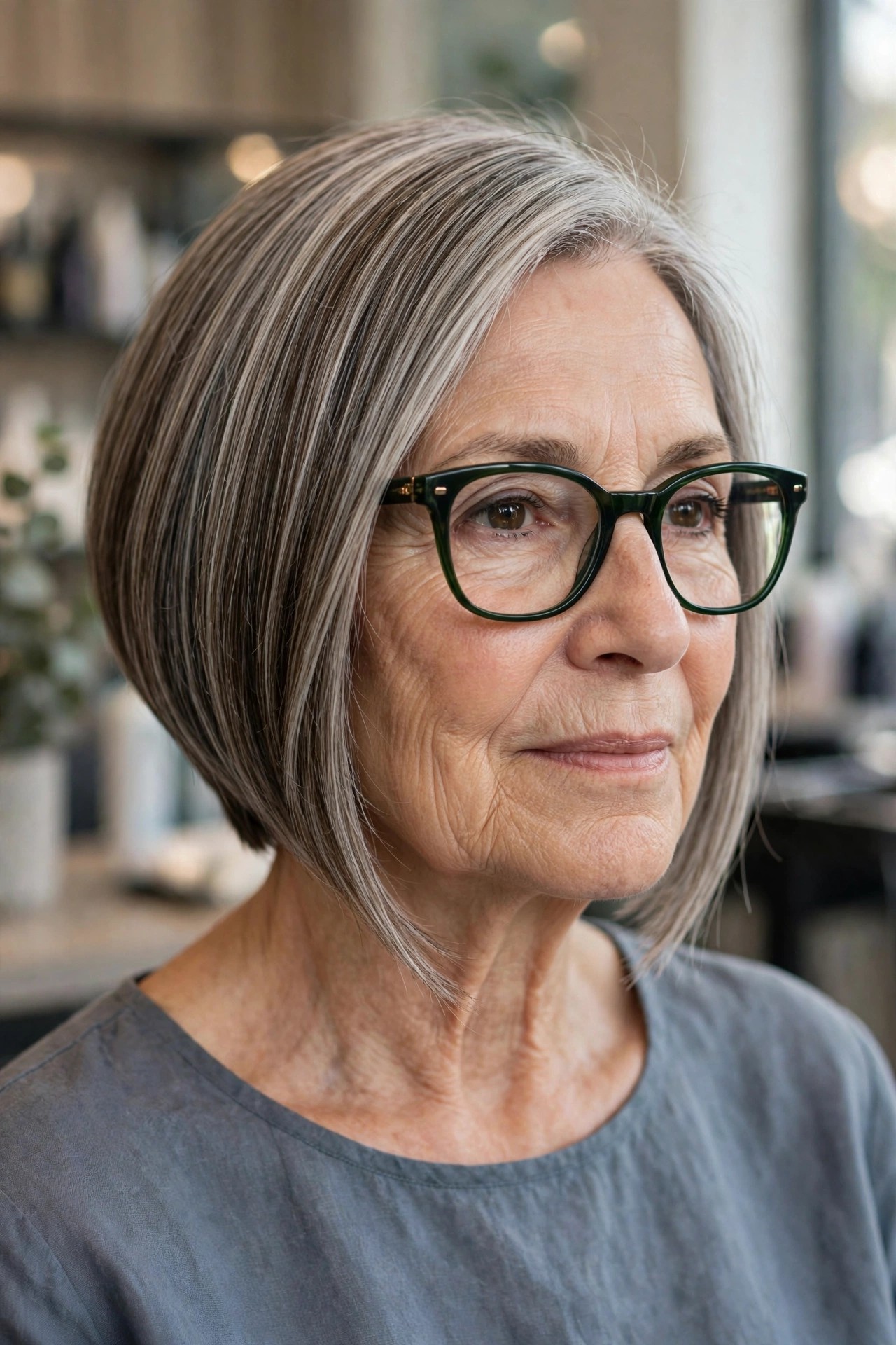 Angled Inverted Bob - hairstyle for a woman over 60 wearing glasses