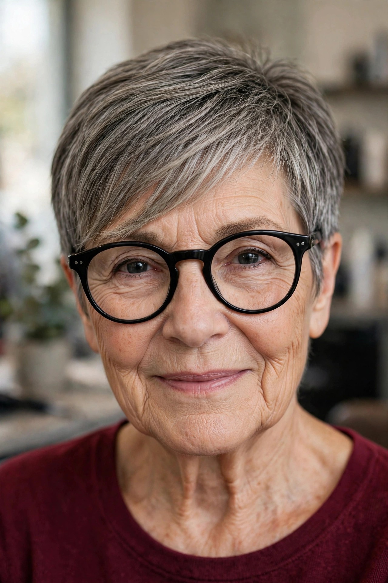 Long Sweeping Fringe Pixie - hairstyle for a woman over 60 wearing glasses