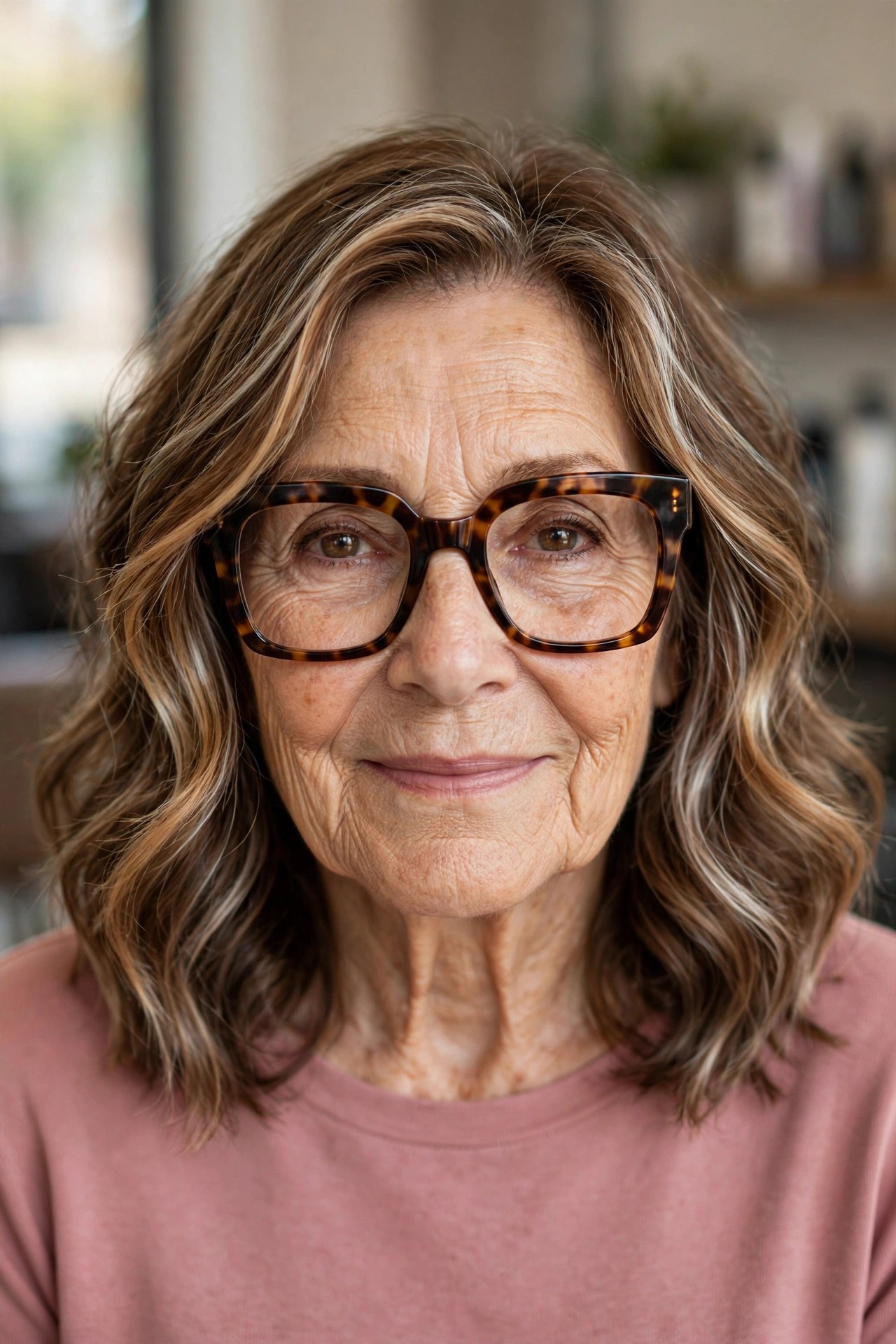 Soft Shoulder Waves with Bright Face-Framing Highlights - hairstyle for a woman over 60 wearing glasses