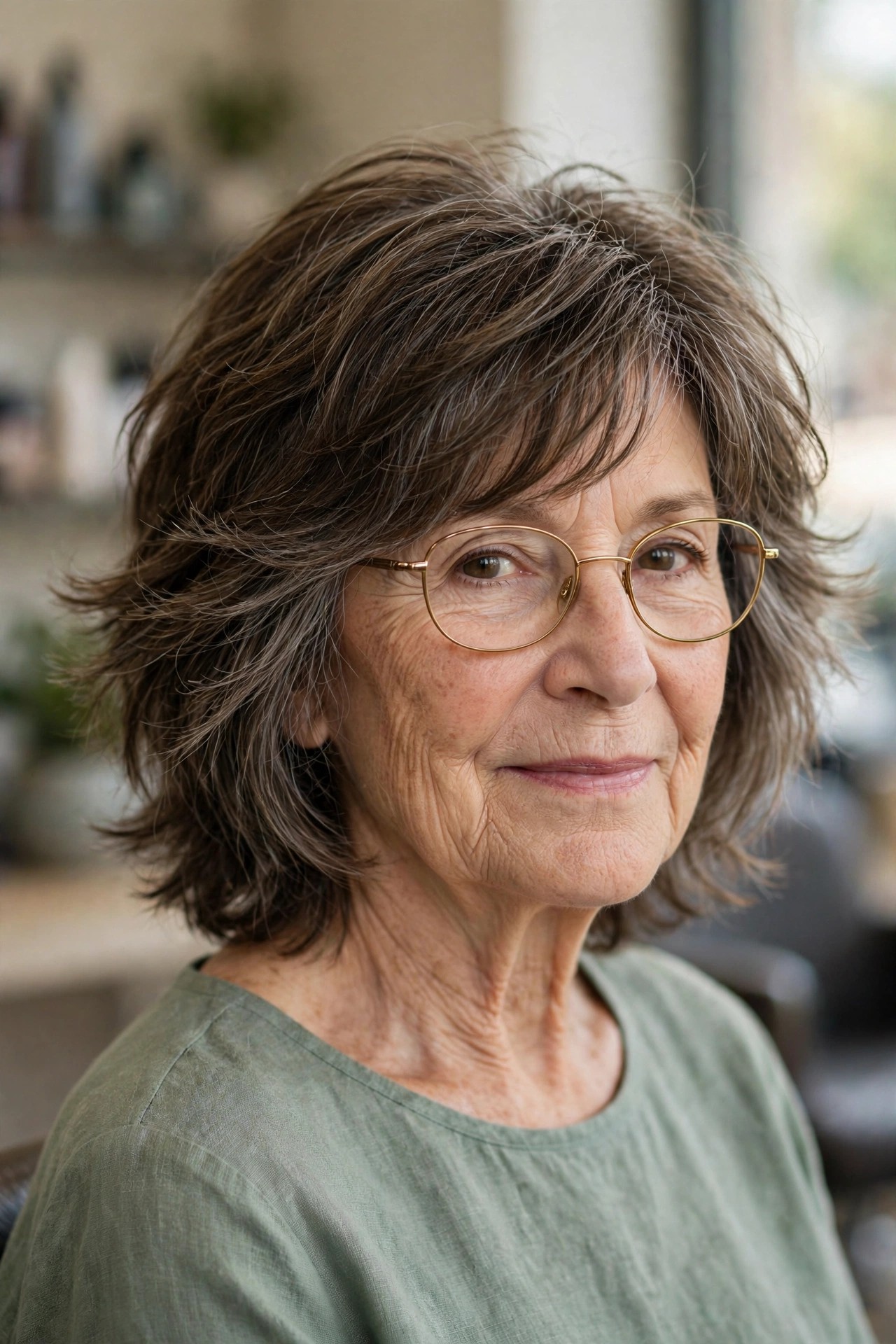 Feathered Layered Shag - hairstyle for a woman over 60 wearing glasses