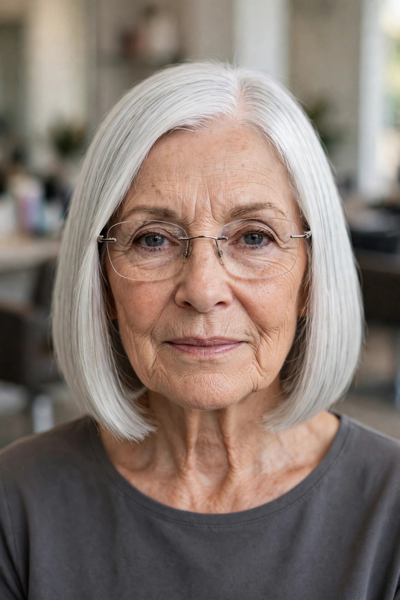 Sleek Blunt Silver Bob - hairstyle for a woman over 60 wearing glasses