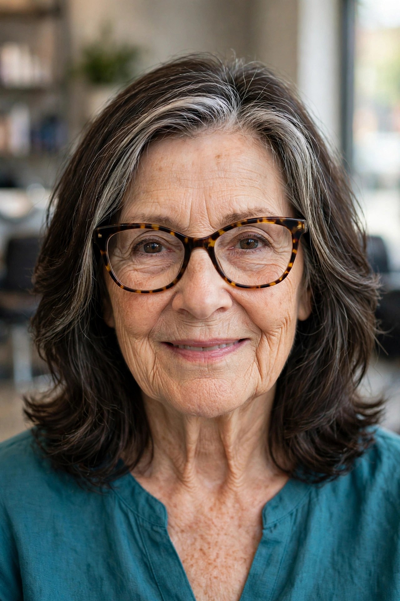 Shoulder-Length Lob with Face-Framing Layers - hairstyle for a woman over 60 wearing glasses