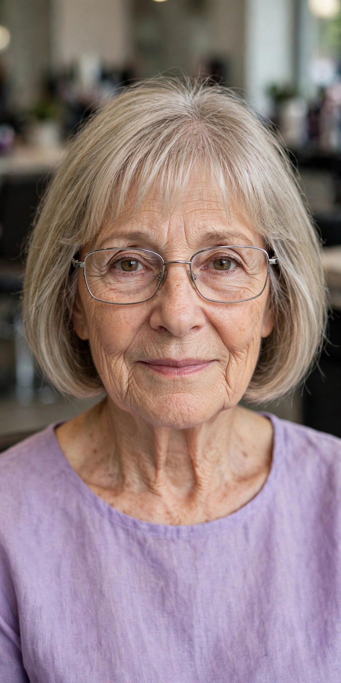 Bob with Wispy Bangs Above the Frames - hairstyle for a woman over 60 wearing glasses