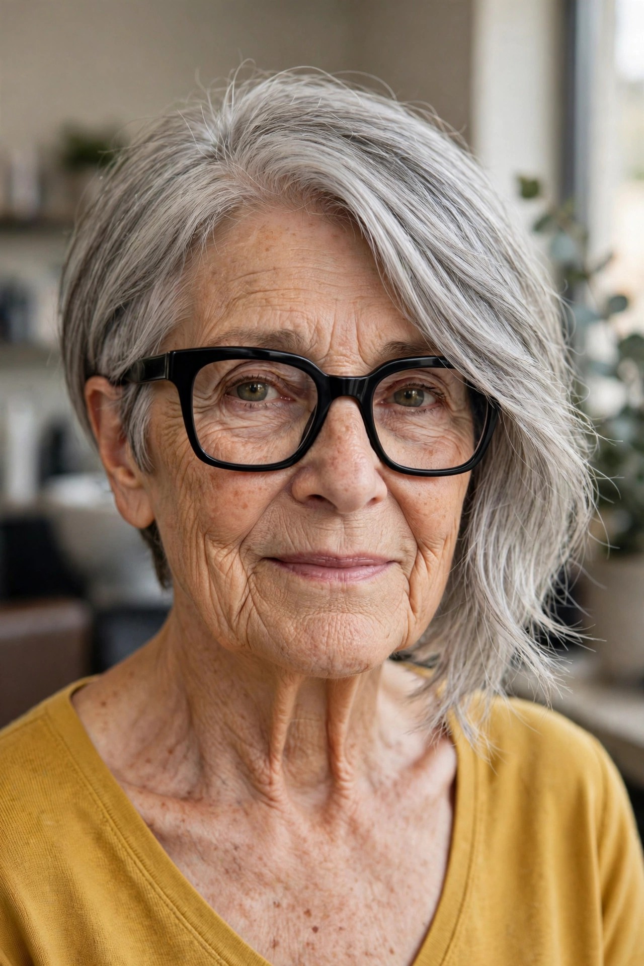 Asymmetrical Bob - hairstyle for a woman over 60 wearing glasses