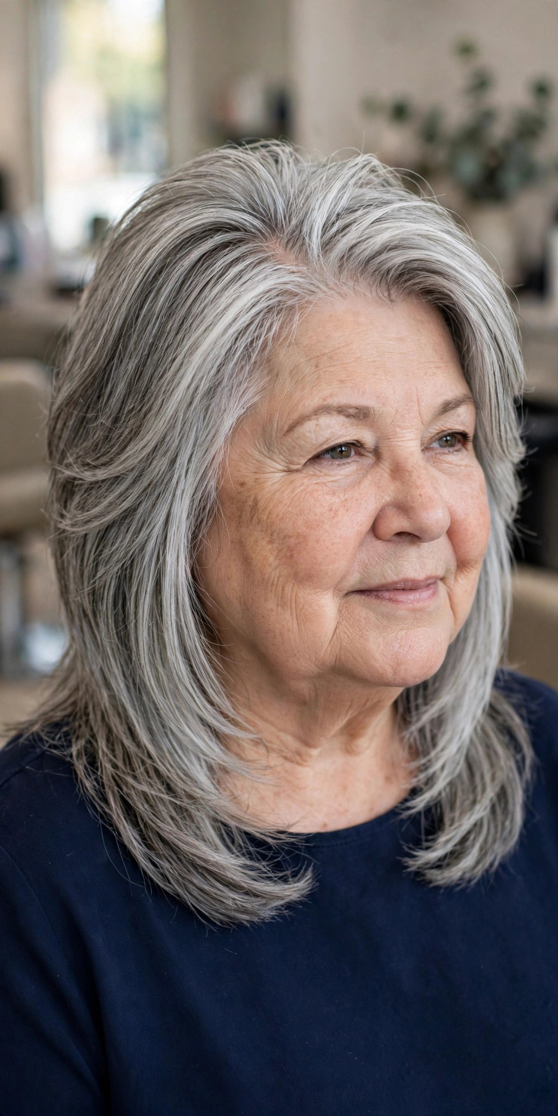 Long Layered Lob with a Deep Side Part - hairstyle for a woman over 60 with a round face that adds length