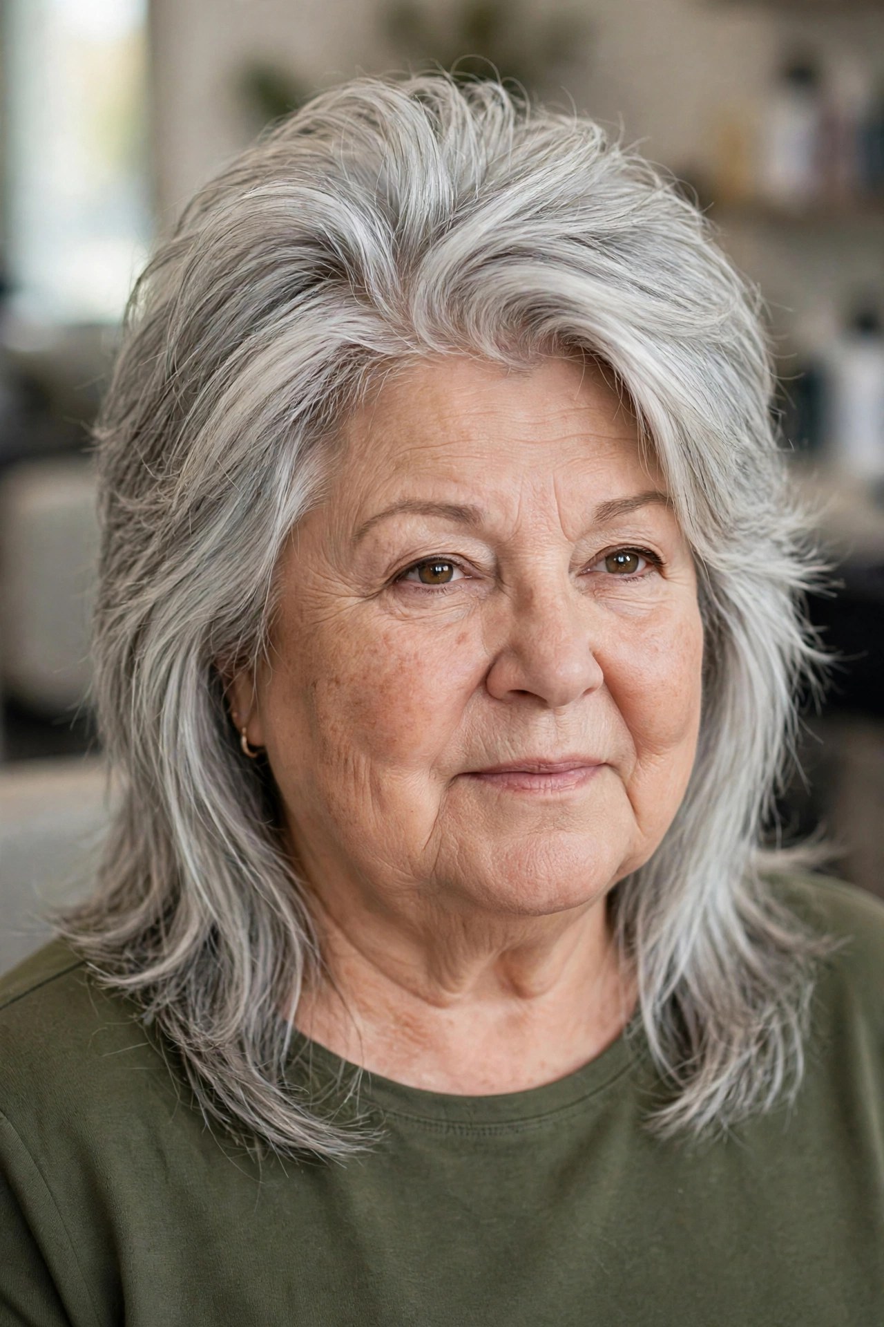 Long Shag with High Crown Layers and Narrow Sides - hairstyle for a woman over 60 with a round face that adds length