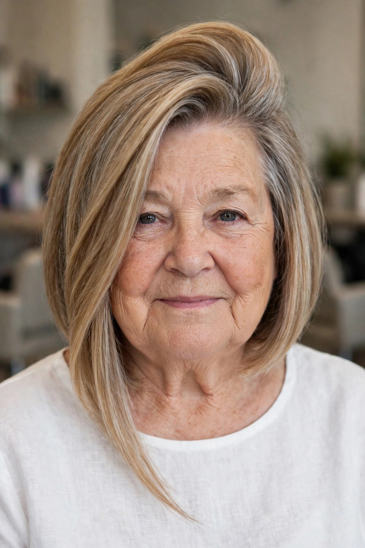 A-Line Bob with Long Front Pieces Below the Chin - hairstyle for a woman over 60 with a round face that adds length