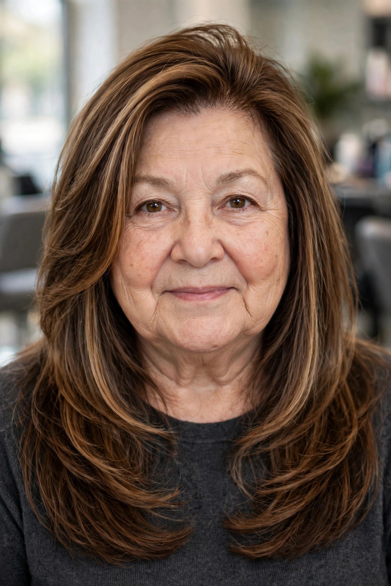 Long Layers with Vertical Face-Framing Highlights - hairstyle for a woman over 60 with a round face that adds length