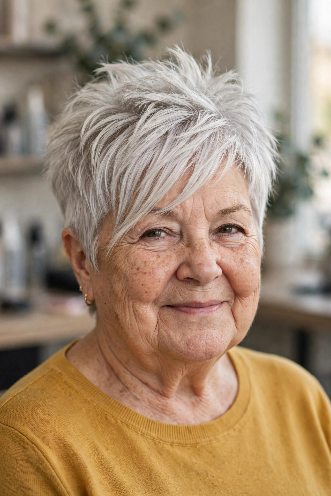 Choppy Long Pixie with a Lifted Crown - hairstyle for a woman over 60 with a round face that adds length