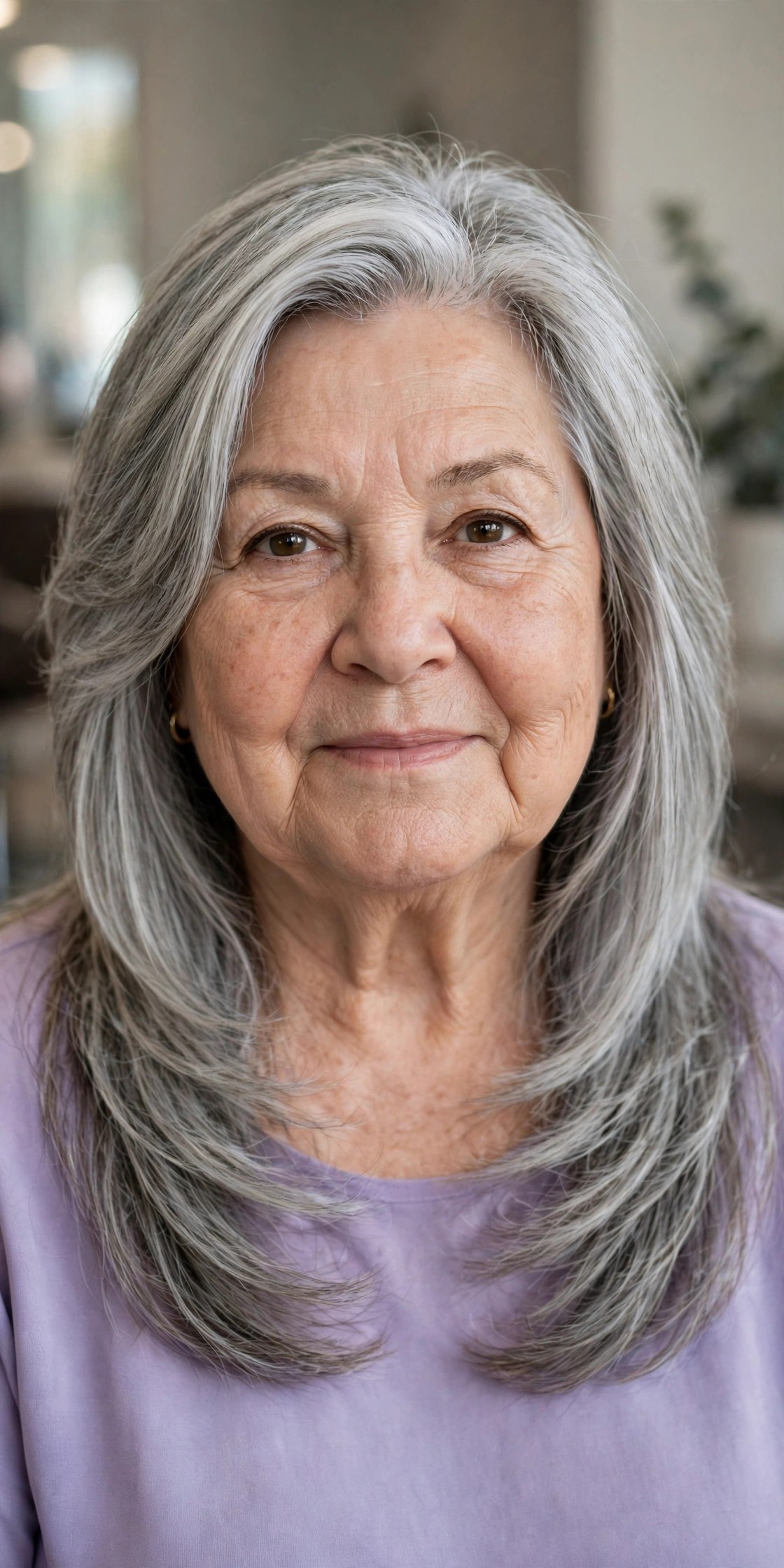 Long U-Shaped Layers with a Side Part - hairstyle for a woman over 60 with a round face that adds length