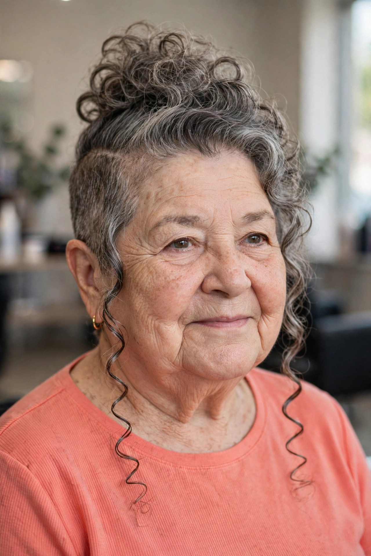 Curly High Crown with Tapered Sides and Long Tendrils - hairstyle for a woman over 60 with a round face that adds length