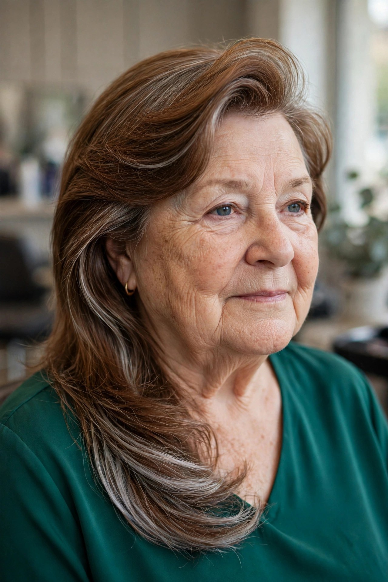 Deep Side Sweep with One Side Tucked Close - hairstyle for a woman over 60 with a round face that adds length