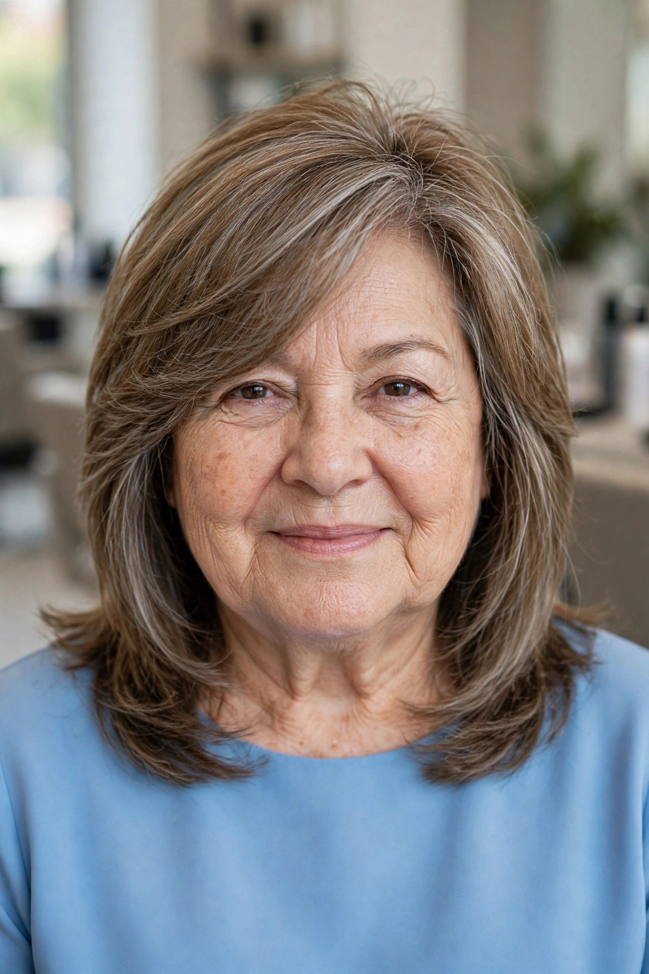 Shoulder Layers with a Diagonal Wispy Fringe - hairstyle for a woman over 60 with a round face that adds length