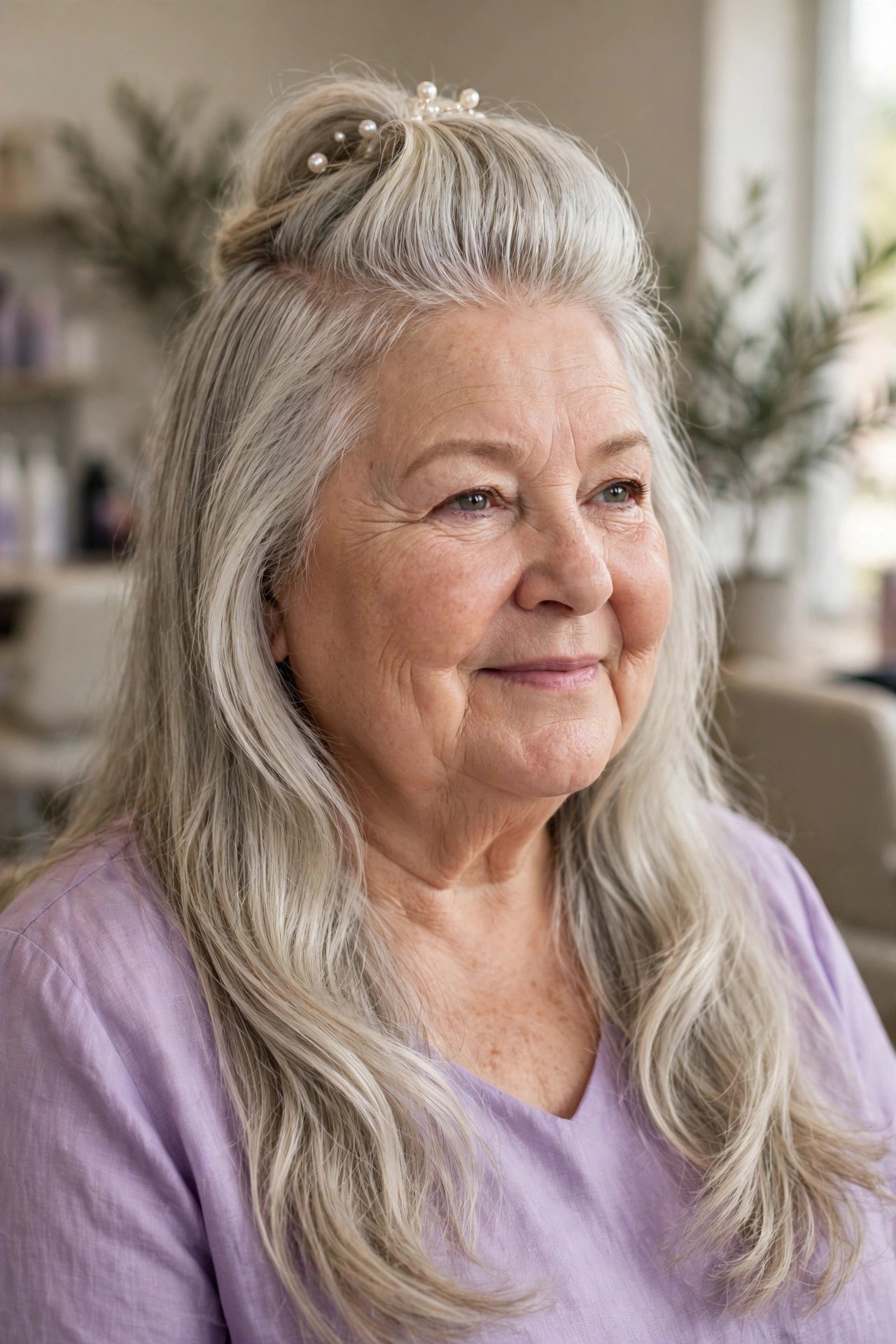 Half-Up Crown Lift with Long Loose Layers - hairstyle for a woman over 60 with a round face that adds length