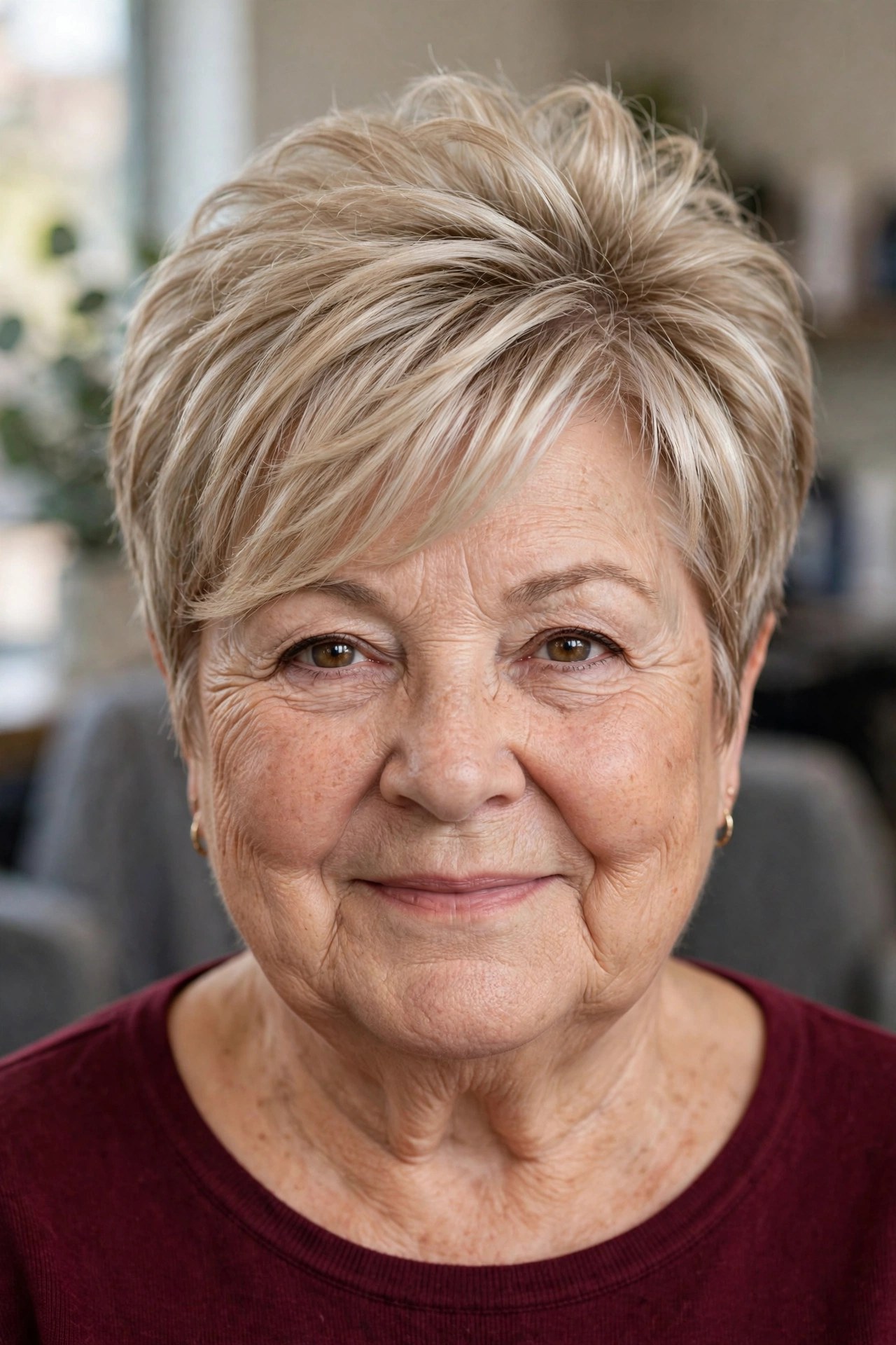High-Crown Pixie Bob with a Longer Top - hairstyle for a woman over 60 with a round face that adds length