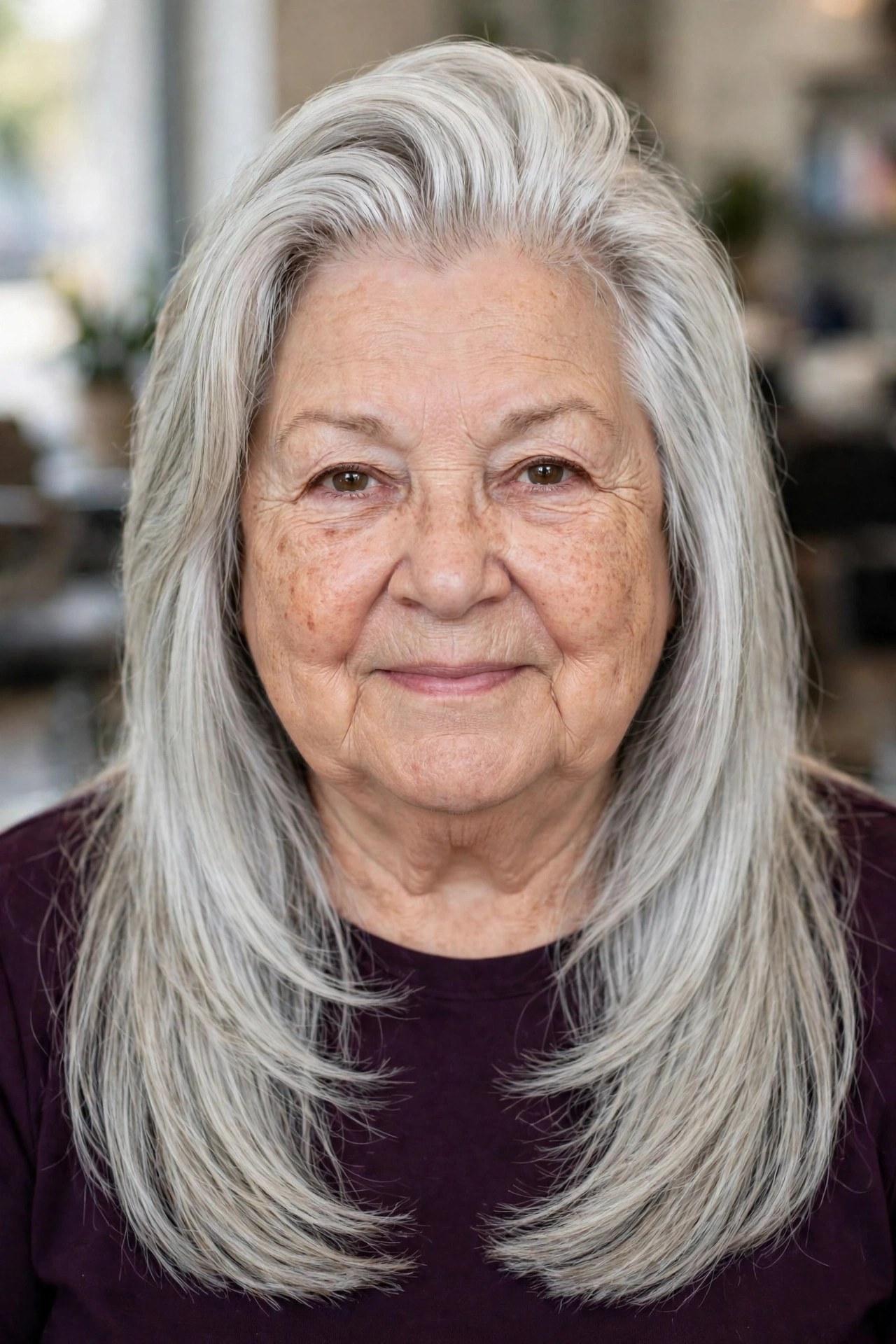 Long Silver Layers Past the Shoulders - hairstyle for a woman over 60 with a round face that adds length
