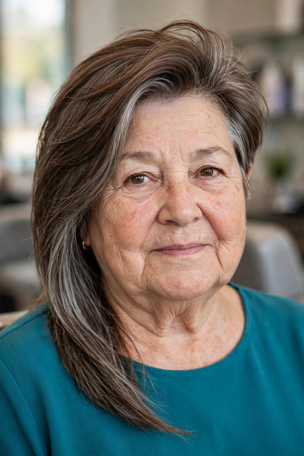 Asymmetrical Lob Angled Down to the Collarbone - hairstyle for a woman over 60 with a round face that adds length