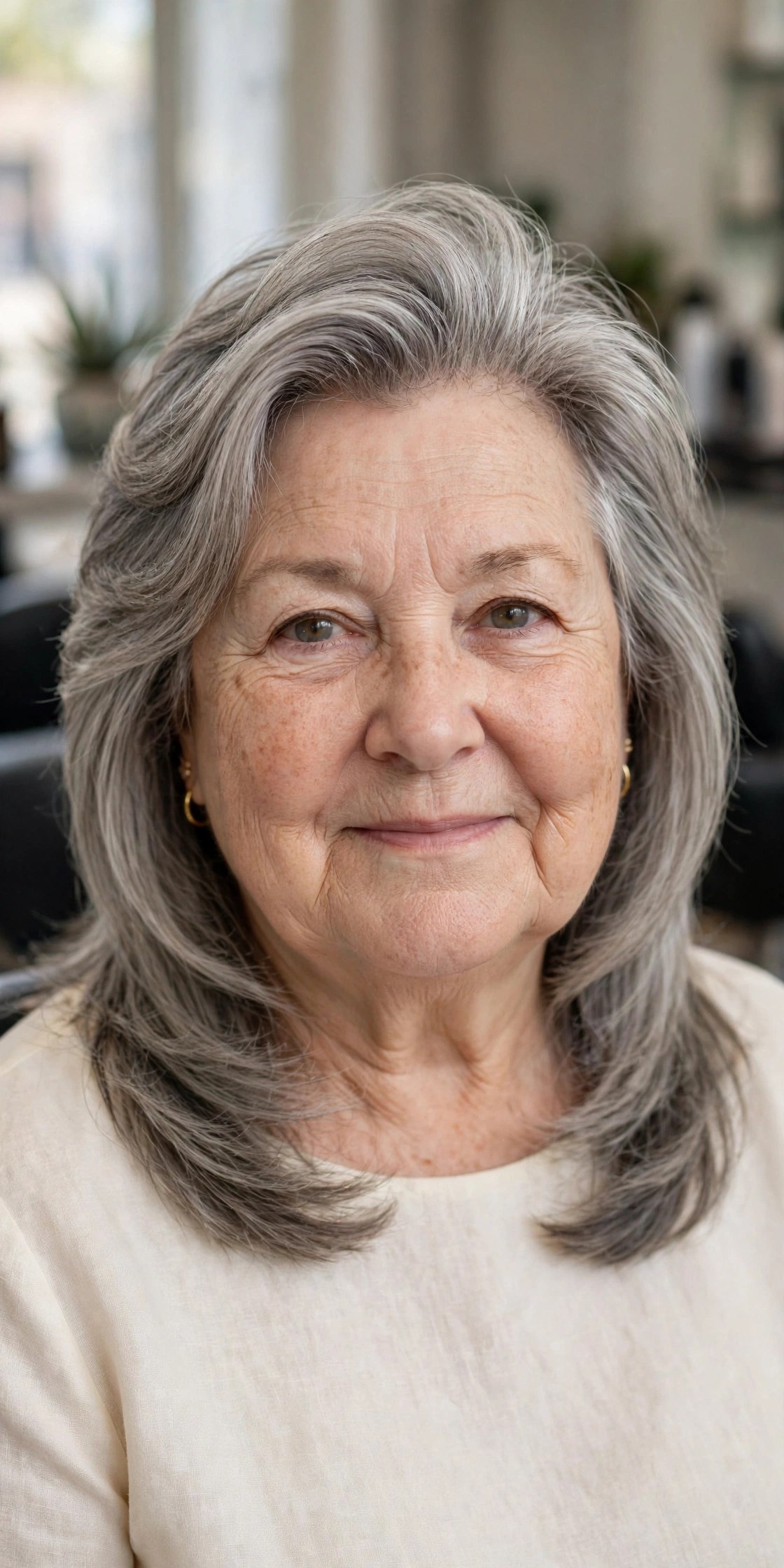 Shoulder-Length Layers That Start Below the Chin - hairstyle for a woman over 60 with a round face that adds length