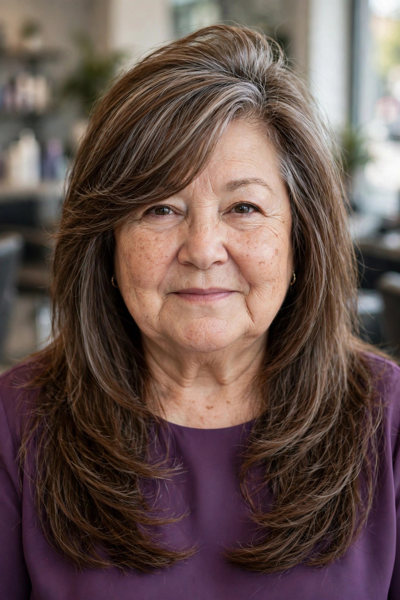Long Layers with a Side-Swept Fringe - hairstyle for a woman over 60 with a round face that adds length