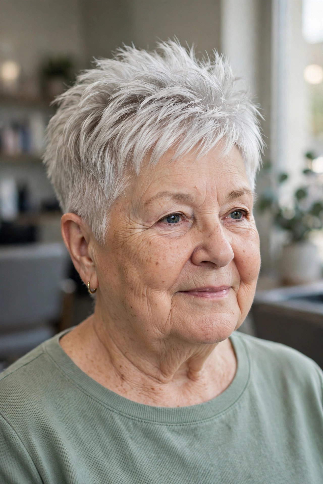 Textured Silver Pixie with Height on Top - hairstyle for a woman over 60 with a round face that adds length