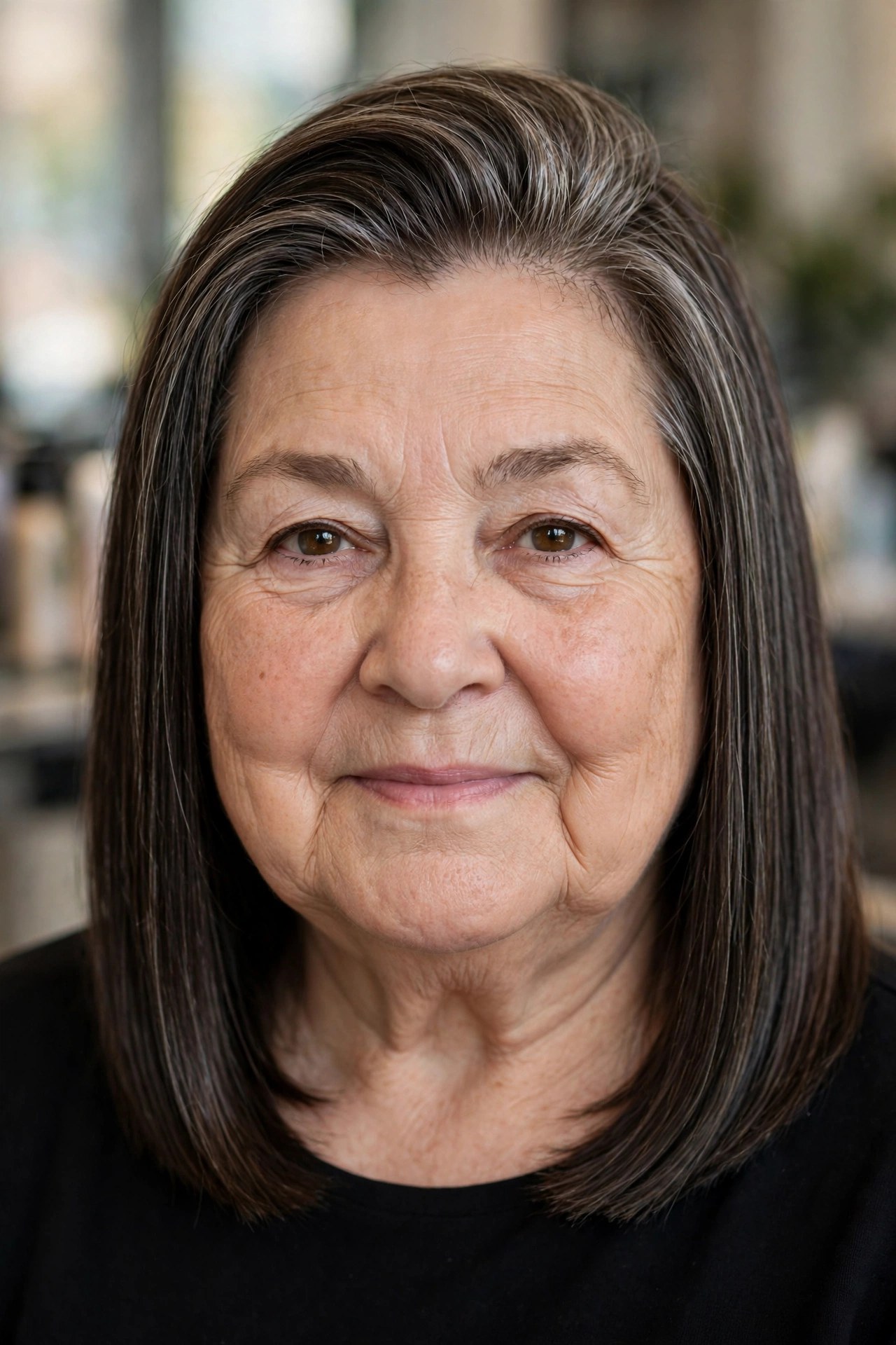 Sleek Straight Lob with Vertical Lines - hairstyle for a woman over 60 with a round face that adds length