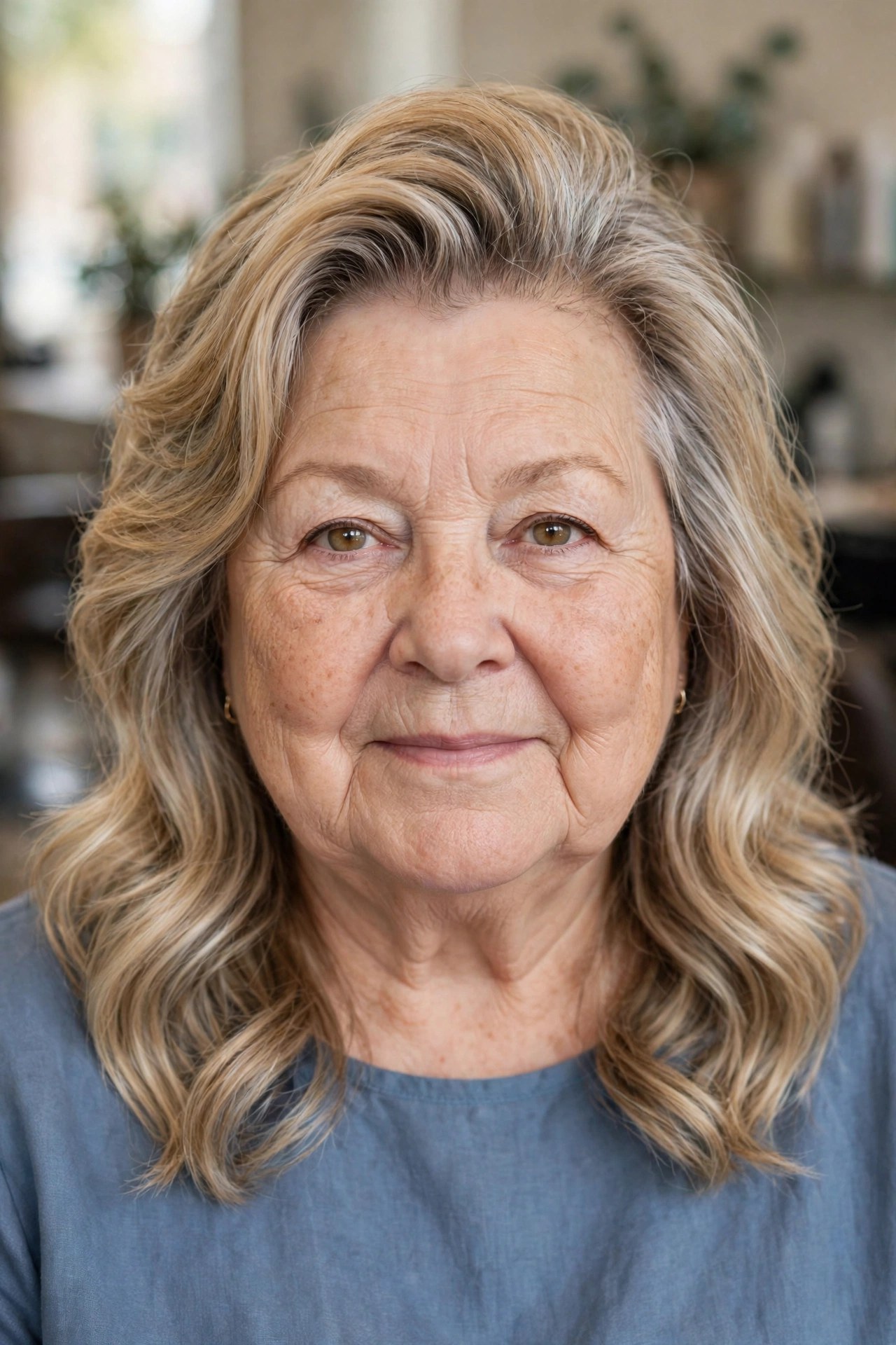 Soft Waves with Crown Volume and a Side Part - hairstyle for a woman over 60 with a round face that adds length