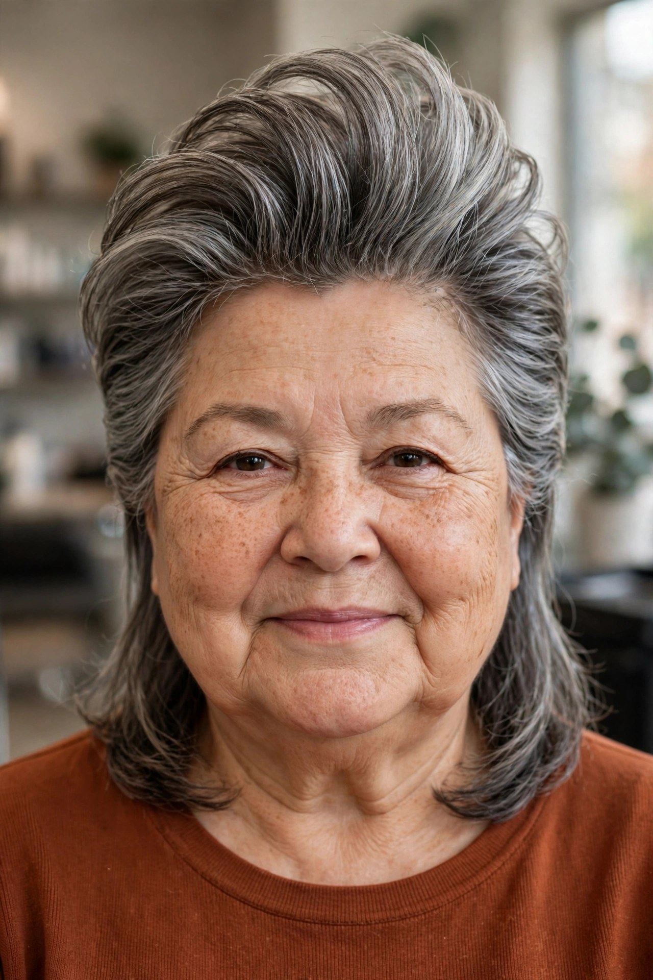 Feathered Layers Brushed Up and Back - hairstyle for a woman over 60 with a round face that adds length