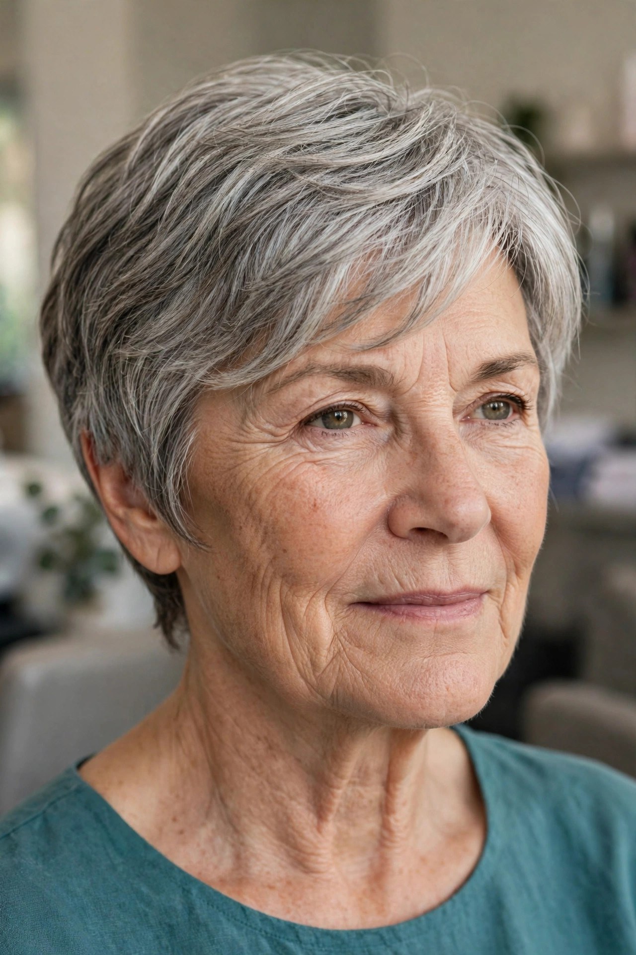 Soft Layered Pixie with a Side-Swept Fringe - hairstyle for a woman over 60 with a square face that softens the jawline