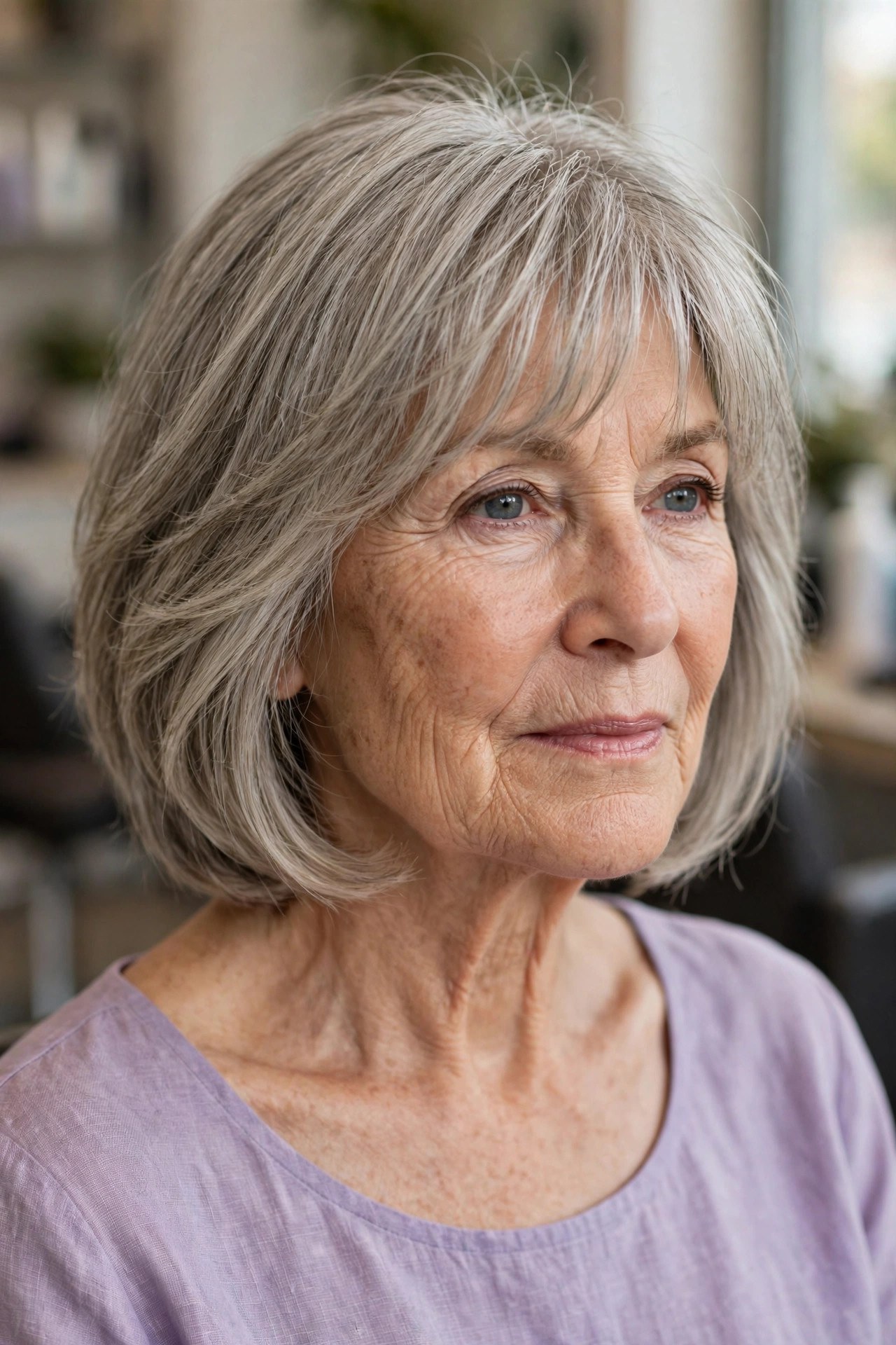 Wispy Bangs with a Layered Bob Past the Chin - hairstyle for a woman over 60 with a square face that softens the jawline