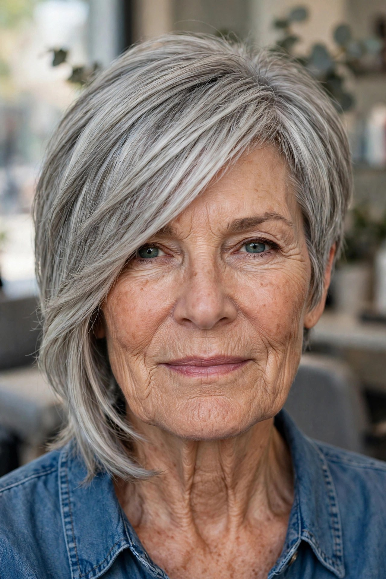 Layered Pixie-Bob with a Long Side Sweep - hairstyle for a woman over 60 with a square face that softens the jawline