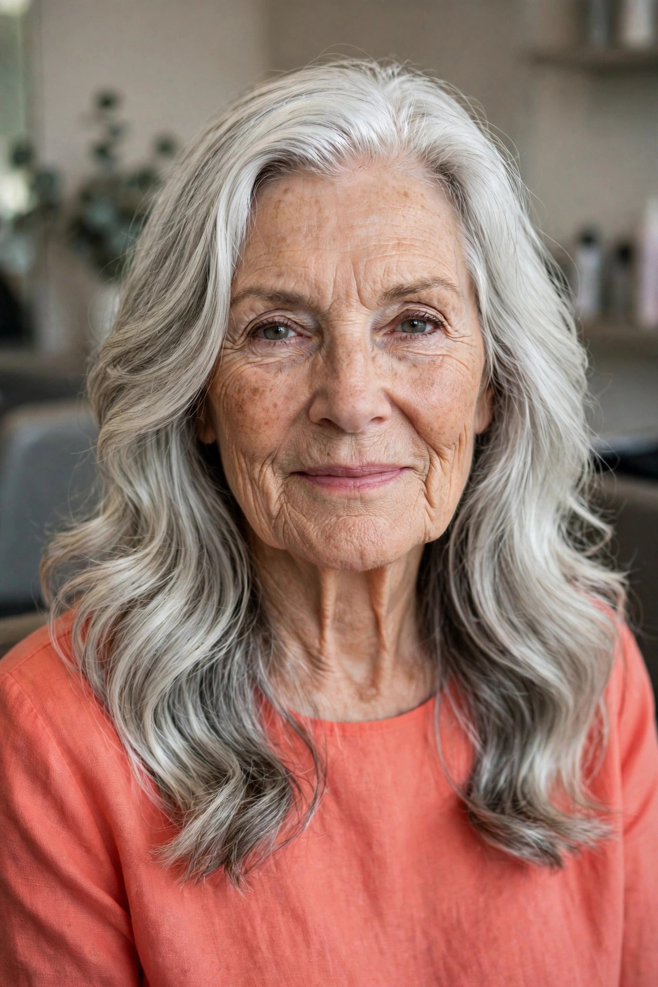 Long Gentle Waves with Layers Starting Below the Chin - hairstyle for a woman over 60 with a square face that softens the jawline