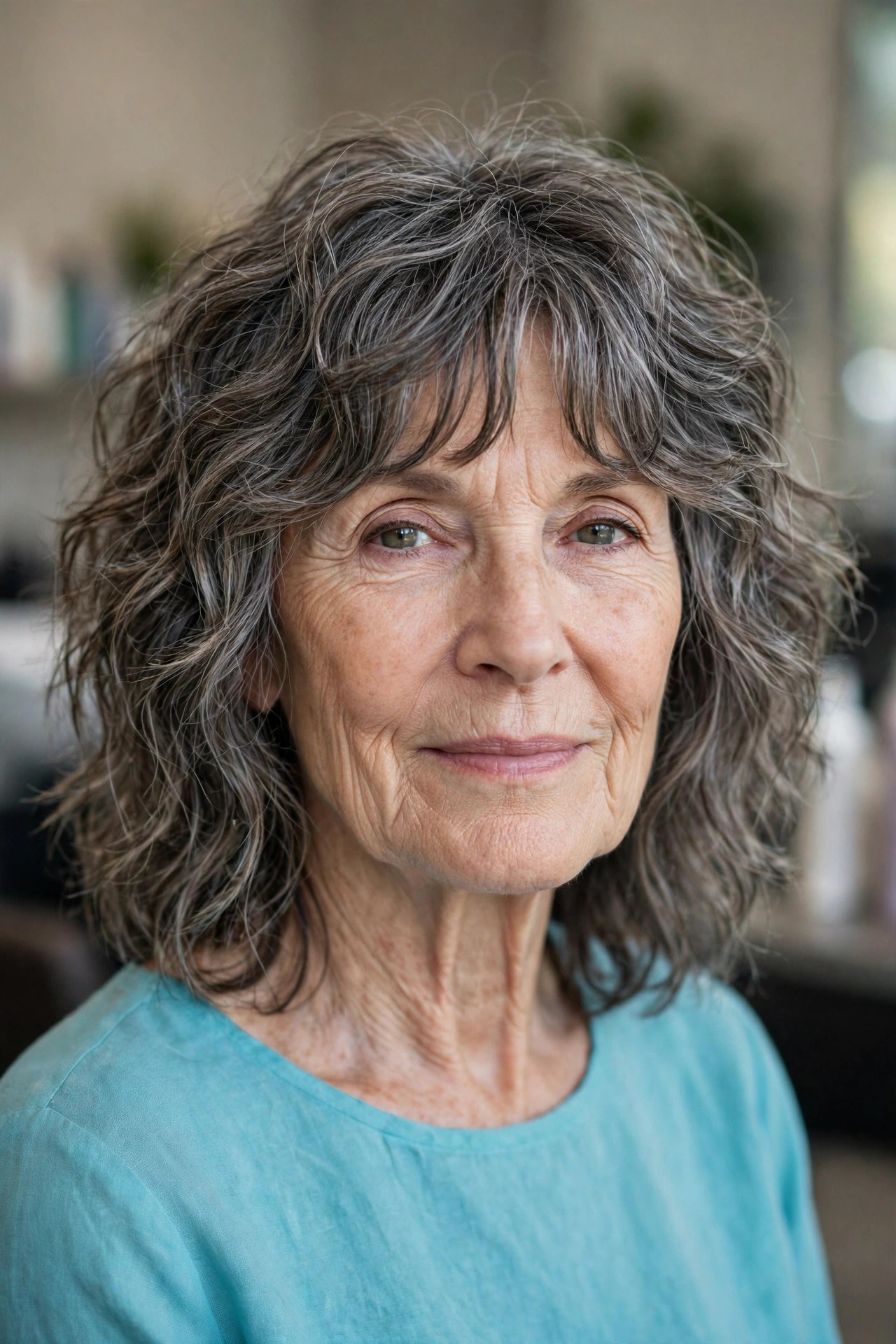 Medium Shaggy Waves with a Curtain Fringe - hairstyle for a woman over 60 with a square face that softens the jawline