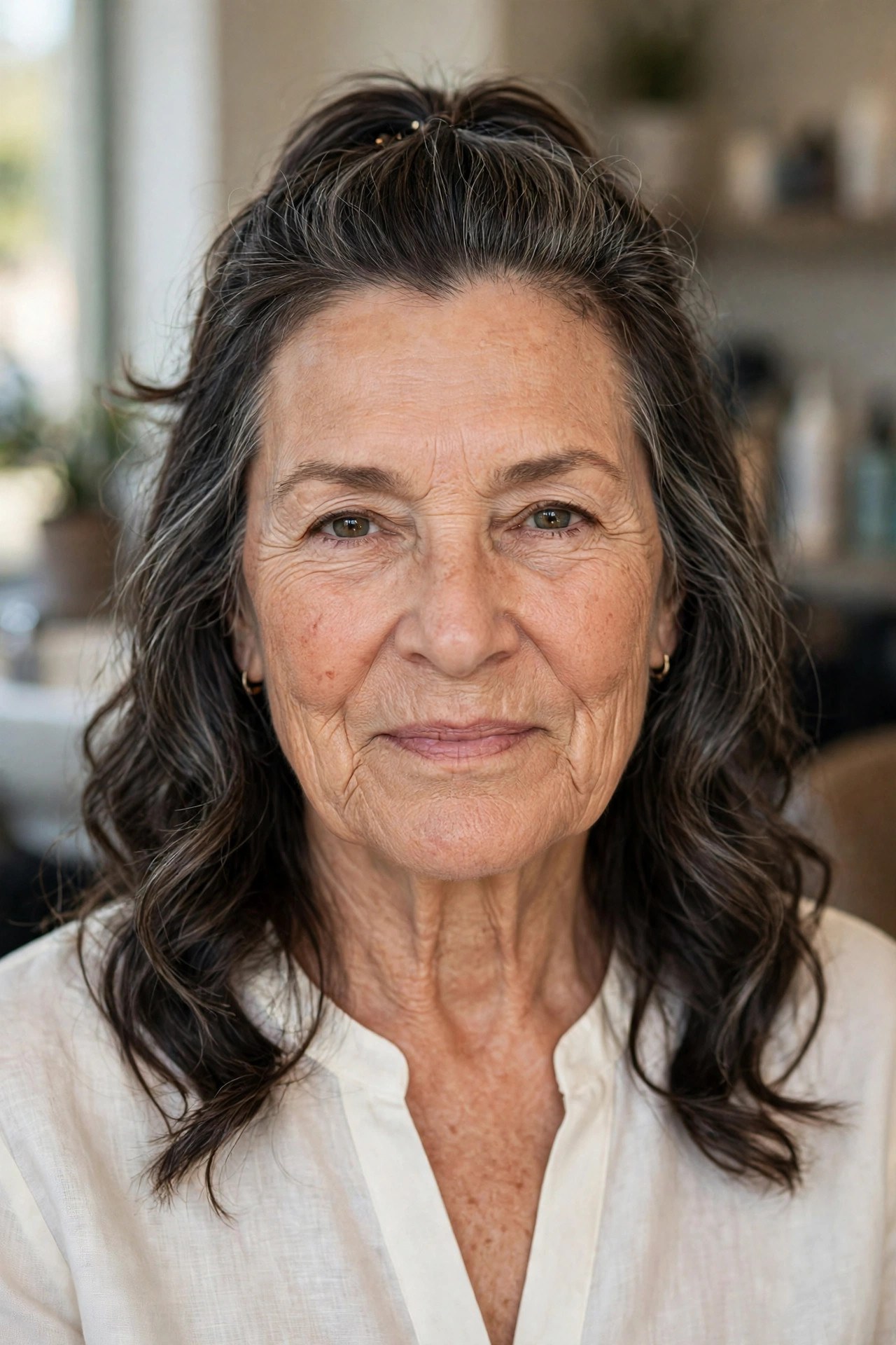 Half-Up Waves with Loose Face-Framing Tendrils - hairstyle for a woman over 60 with a square face that softens the jawline