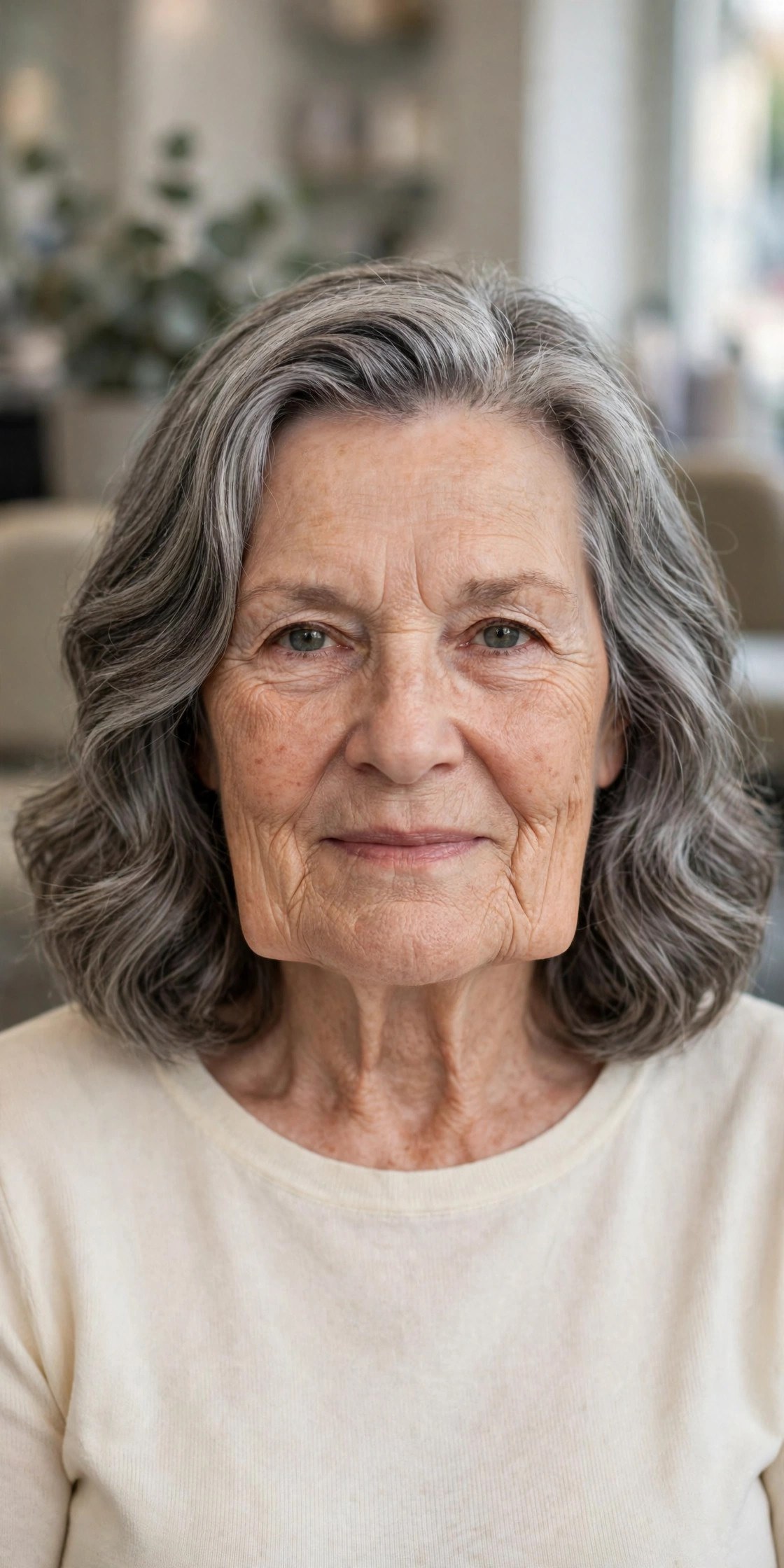 Wavy Lob Past the Chin with a Deep Side Part - hairstyle for a woman over 60 with a square face that softens the jawline