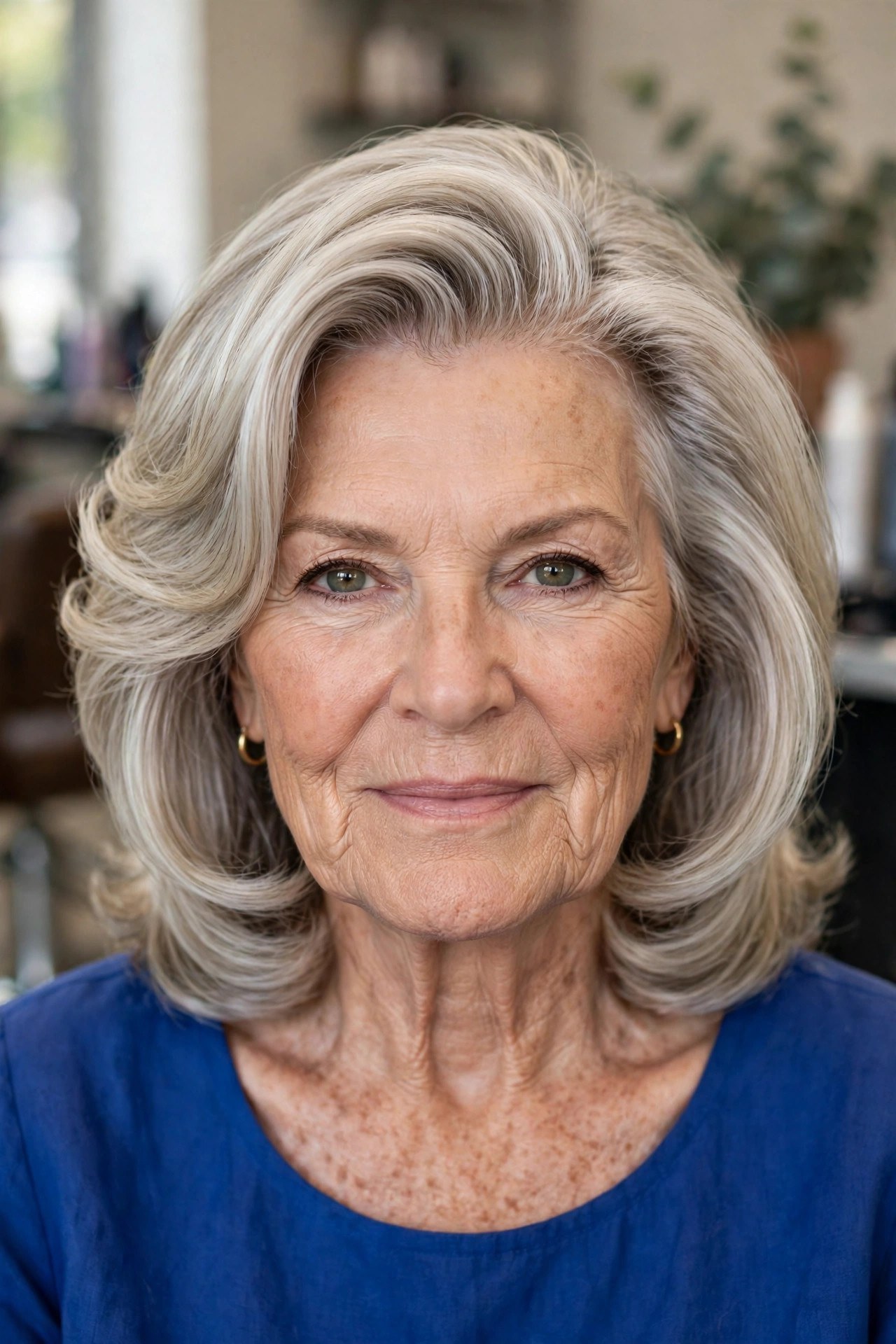 Layered Blowout with Inward-Curving Ends - hairstyle for a woman over 60 with a square face that softens the jawline
