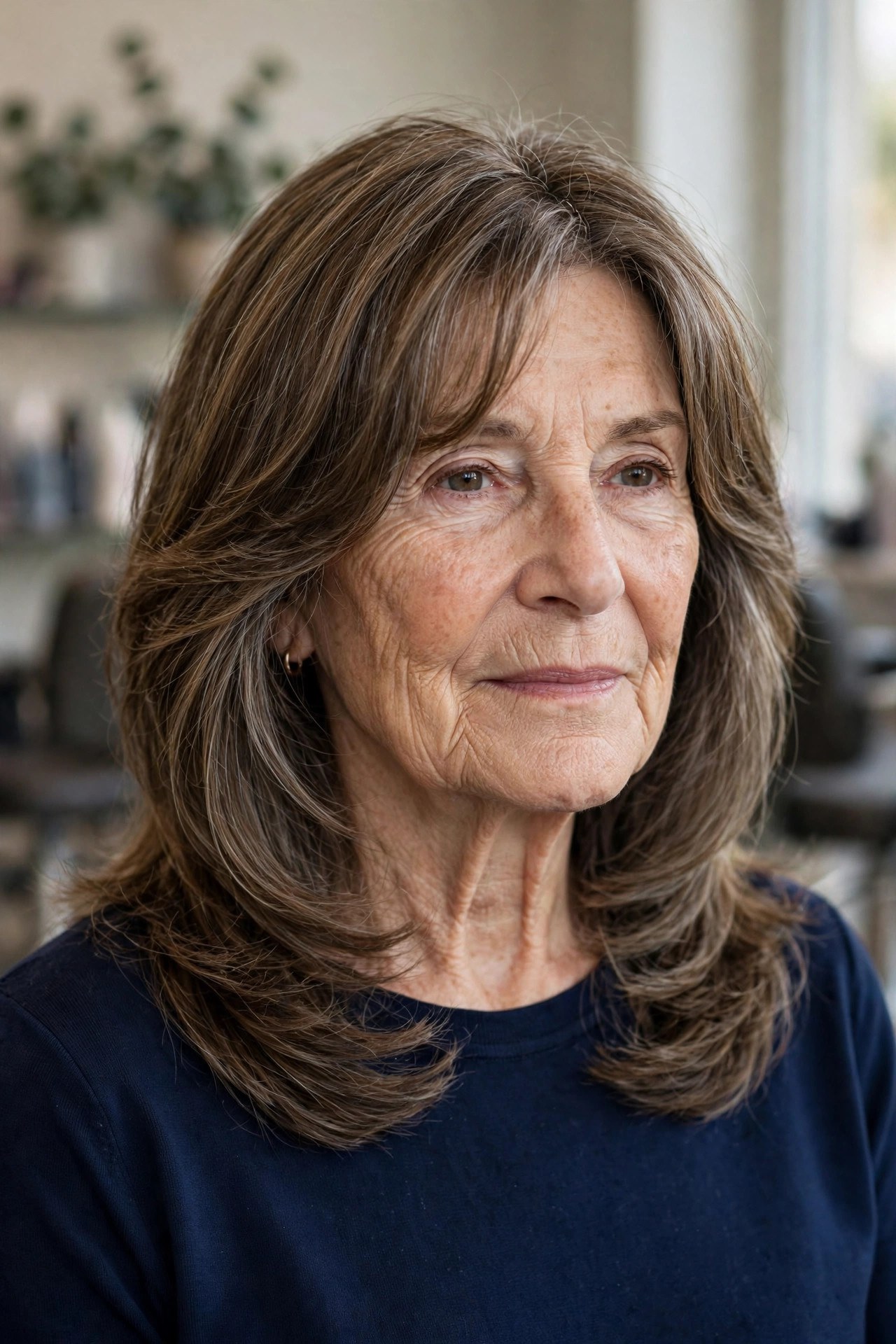 Long Layers Below the Collarbone with Curtain Bangs - hairstyle for a woman over 60 with a square face that softens the jawline