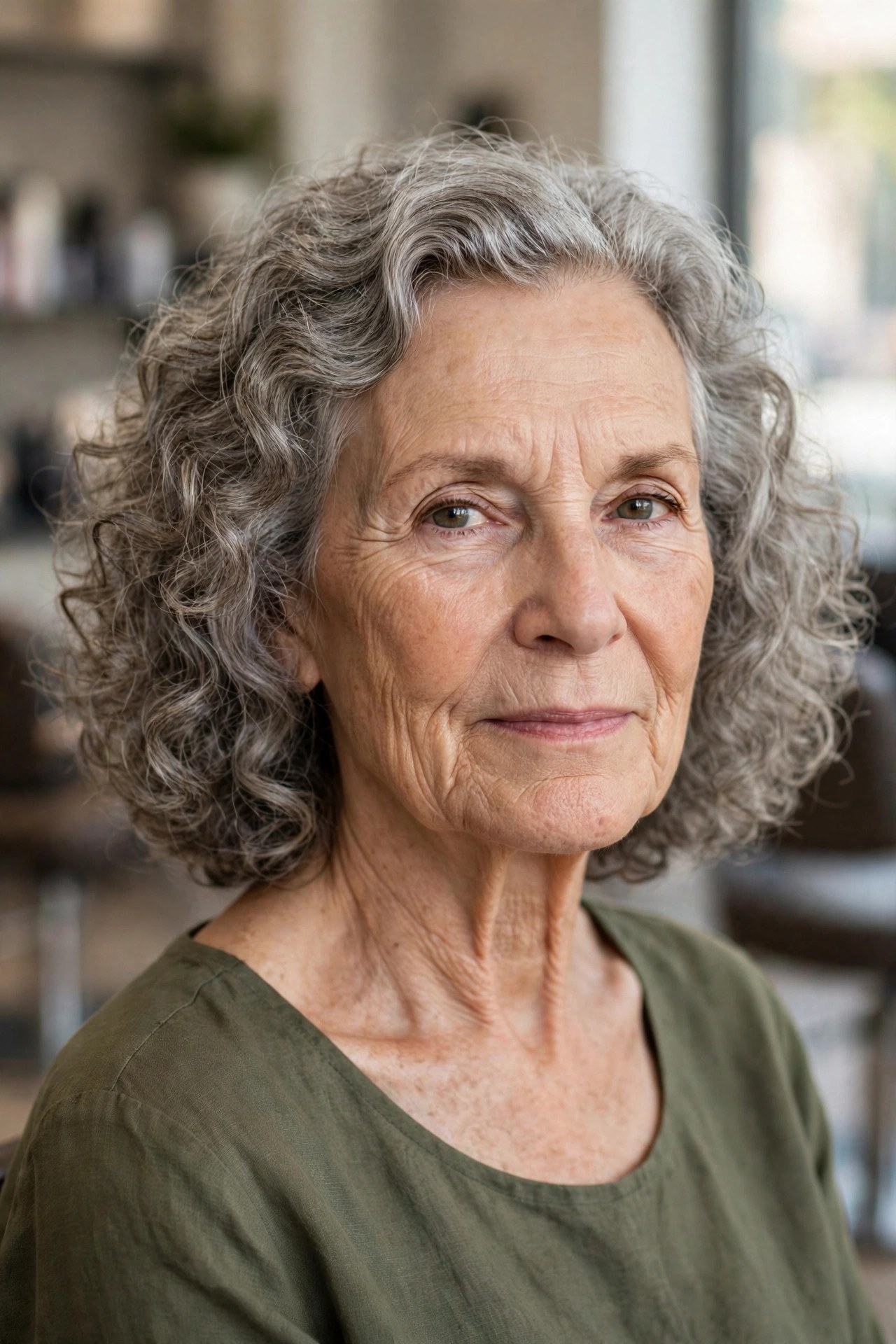 Curly Bob That Falls Below the Jawline - hairstyle for a woman over 60 with a square face that softens the jawline