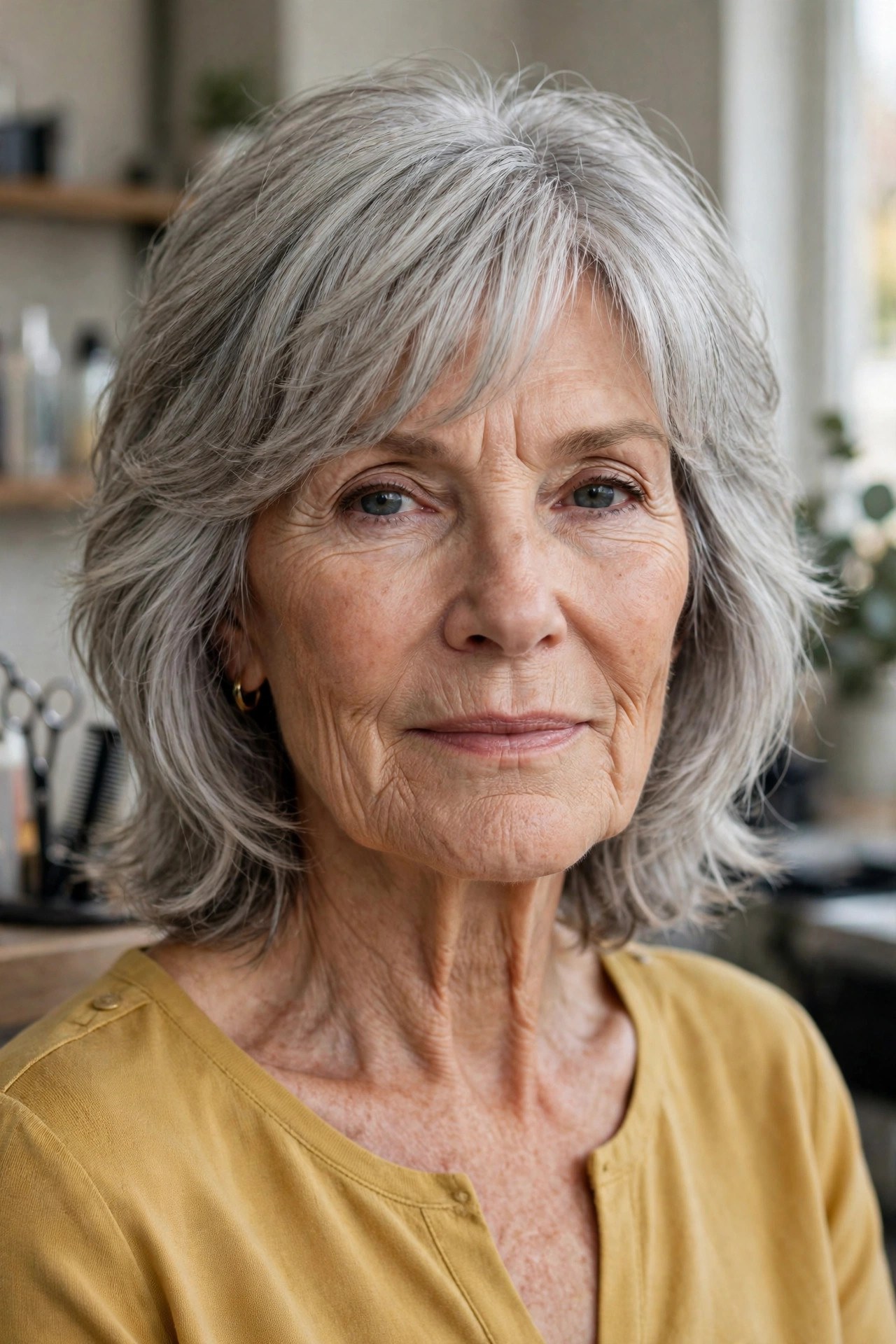 Soft Shag with Rounded Layers and Side Bangs - hairstyle for a woman over 60 with a square face that softens the jawline
