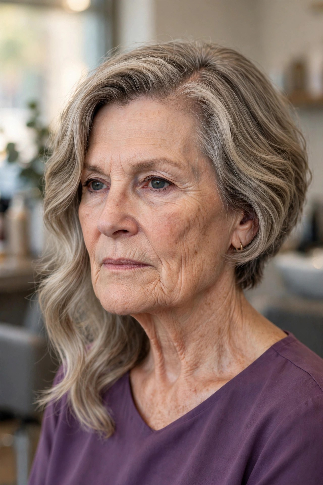Asymmetrical Wavy Bob, Longer in Front - hairstyle for a woman over 60 with a square face that softens the jawline