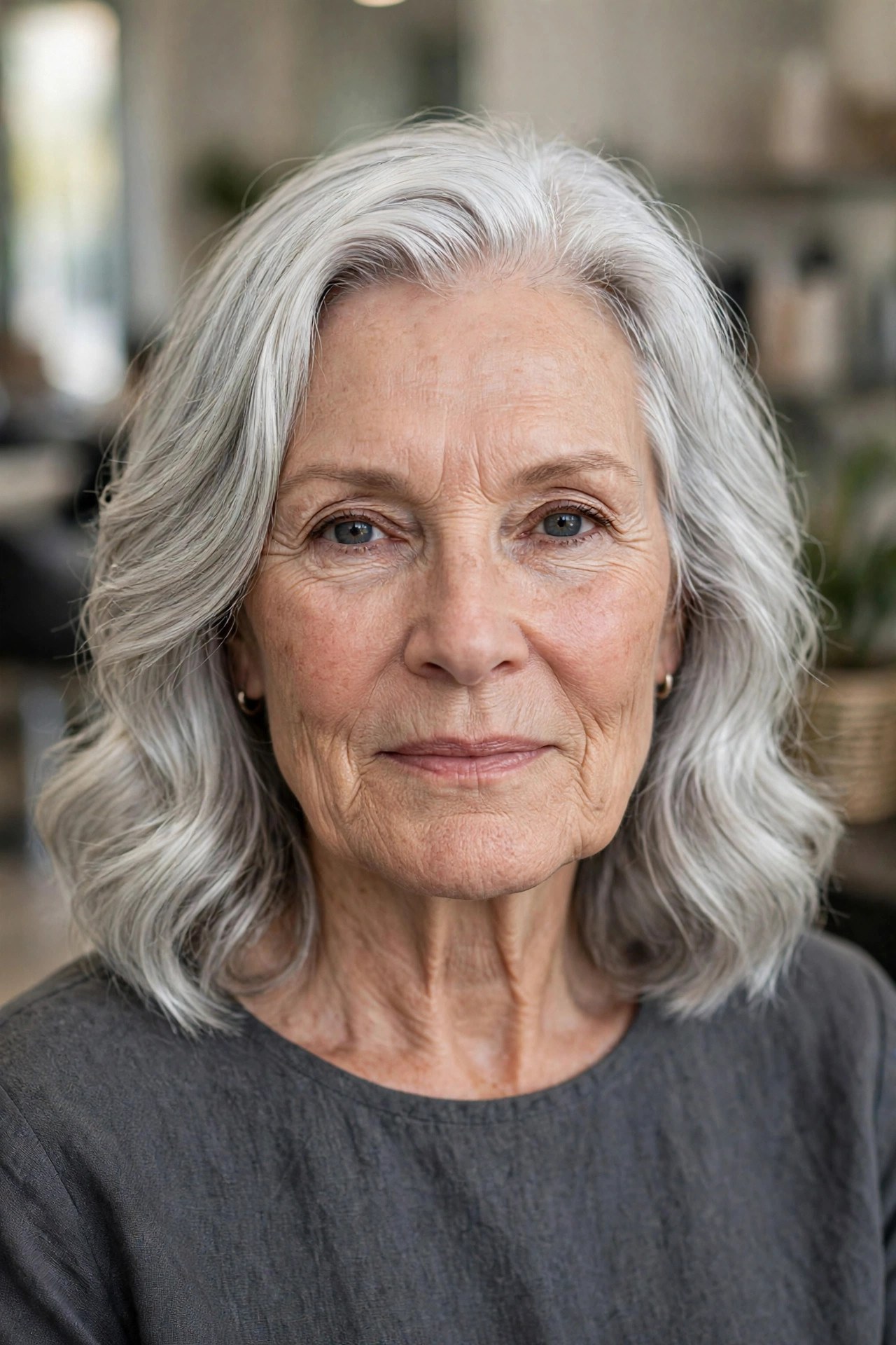 Silver Shoulder Waves with a Side Part - hairstyle for a woman over 60 with a square face that softens the jawline