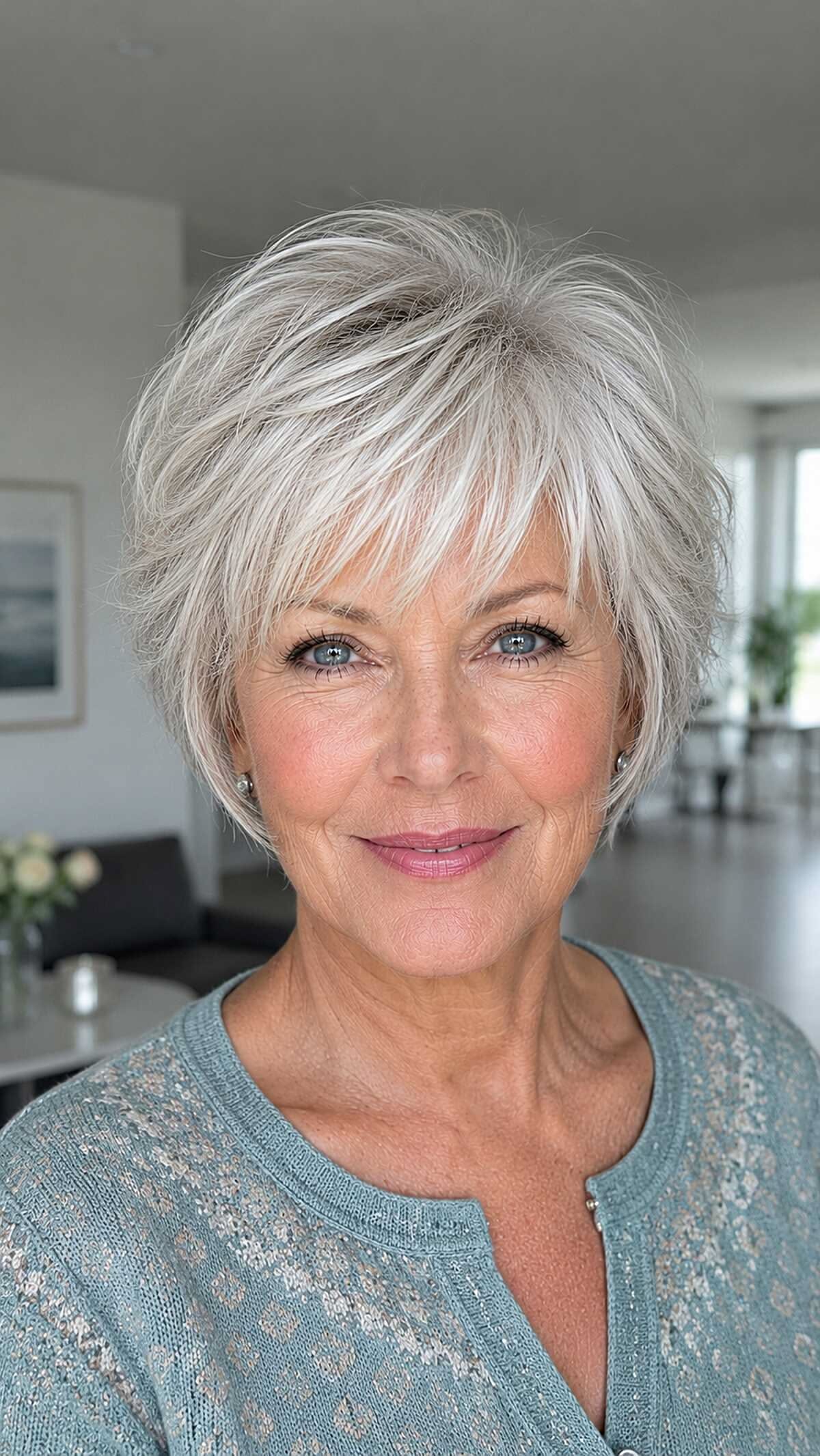 Woman over 70 with a soft white pixie with a gentle fringe — hairstyle that helps a woman over 70 look fresh and younger