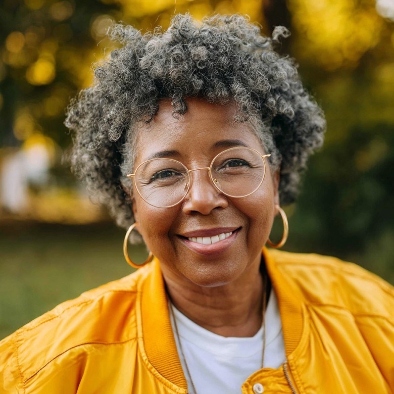 Woman over 70 with a natural gray curls with gold hoops — hairstyle that helps a woman over 70 look fresh and younger