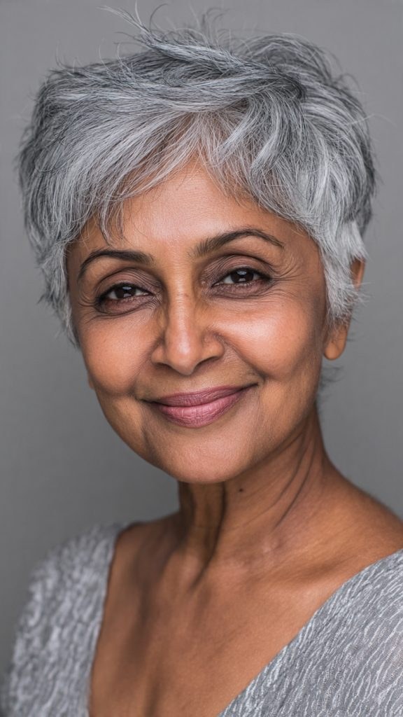 Woman over 70 with a neat salt-and-pepper pixie — hairstyle that helps a woman over 70 look fresh and younger