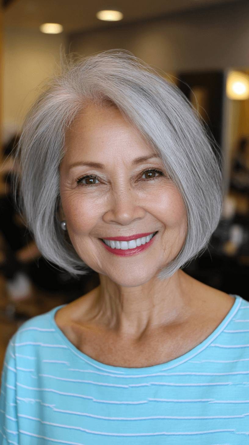 Woman over 70 with a smooth silver bob with a warm smile — hairstyle that helps a woman over 70 look fresh and younger