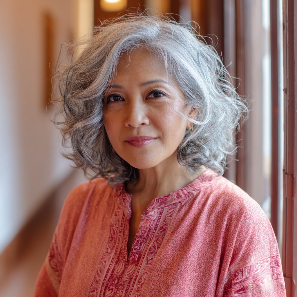 Woman over 70 with a soft gray curls in a rose-pink blouse — hairstyle that helps a woman over 70 look fresh and younger