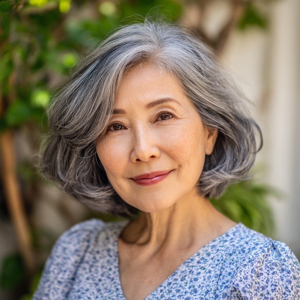Woman over 70 with a voluminous gray waves with a side part — hairstyle that helps a woman over 70 look fresh and younger