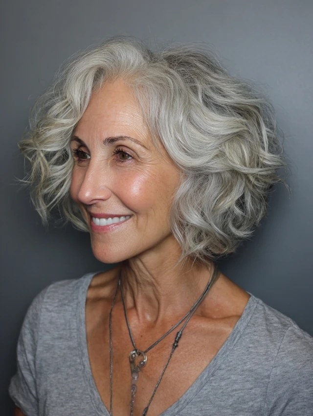 Woman over 70 with a wavy silver bob with a side part — hairstyle that helps a woman over 70 look fresh and younger