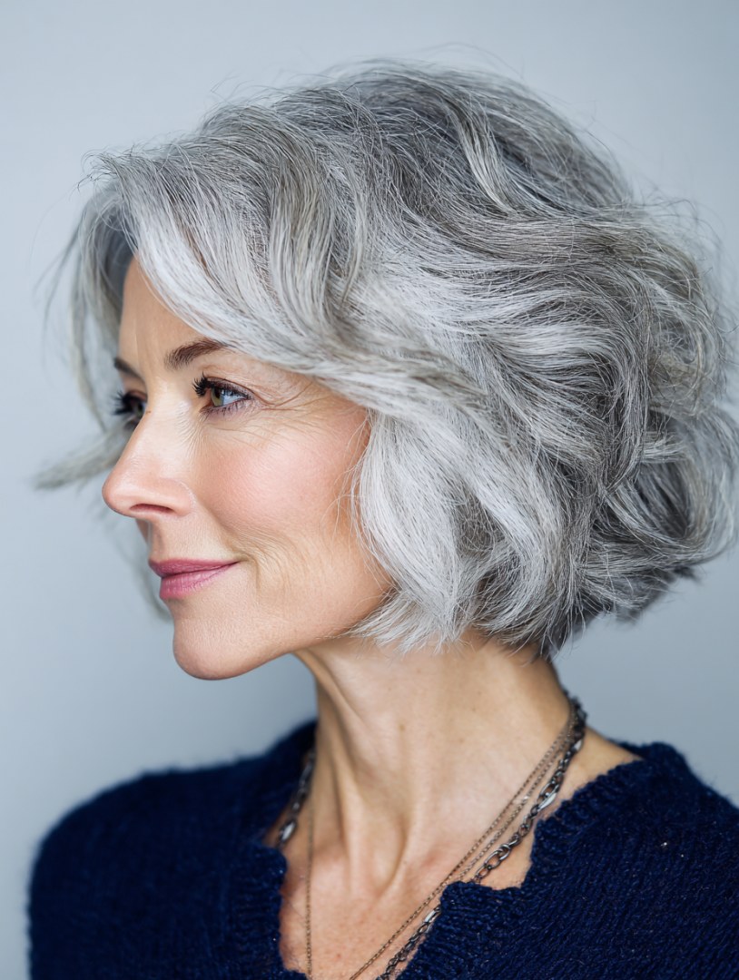 Woman over 70 with a wavy silver bob in profile — hairstyle that helps a woman over 70 look fresh and younger