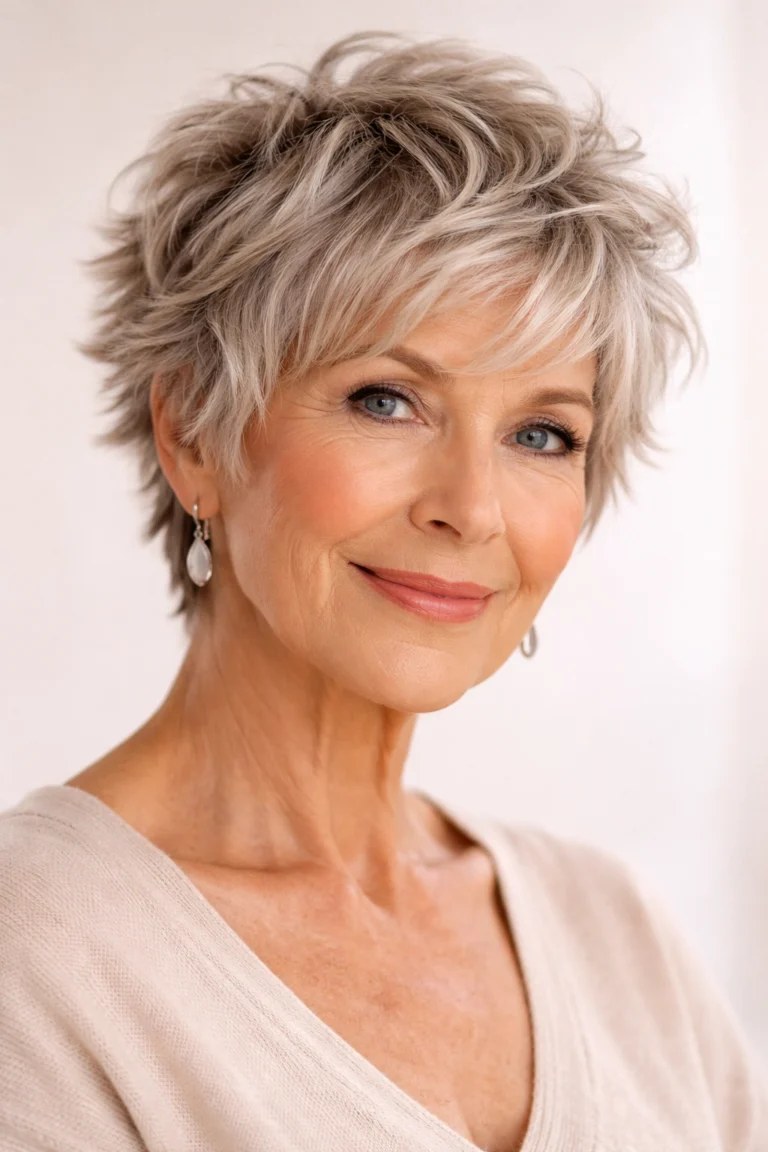 Woman over 70 with a textured silver pixie with lifted layers — hairstyle that helps a woman over 70 look fresh and younger